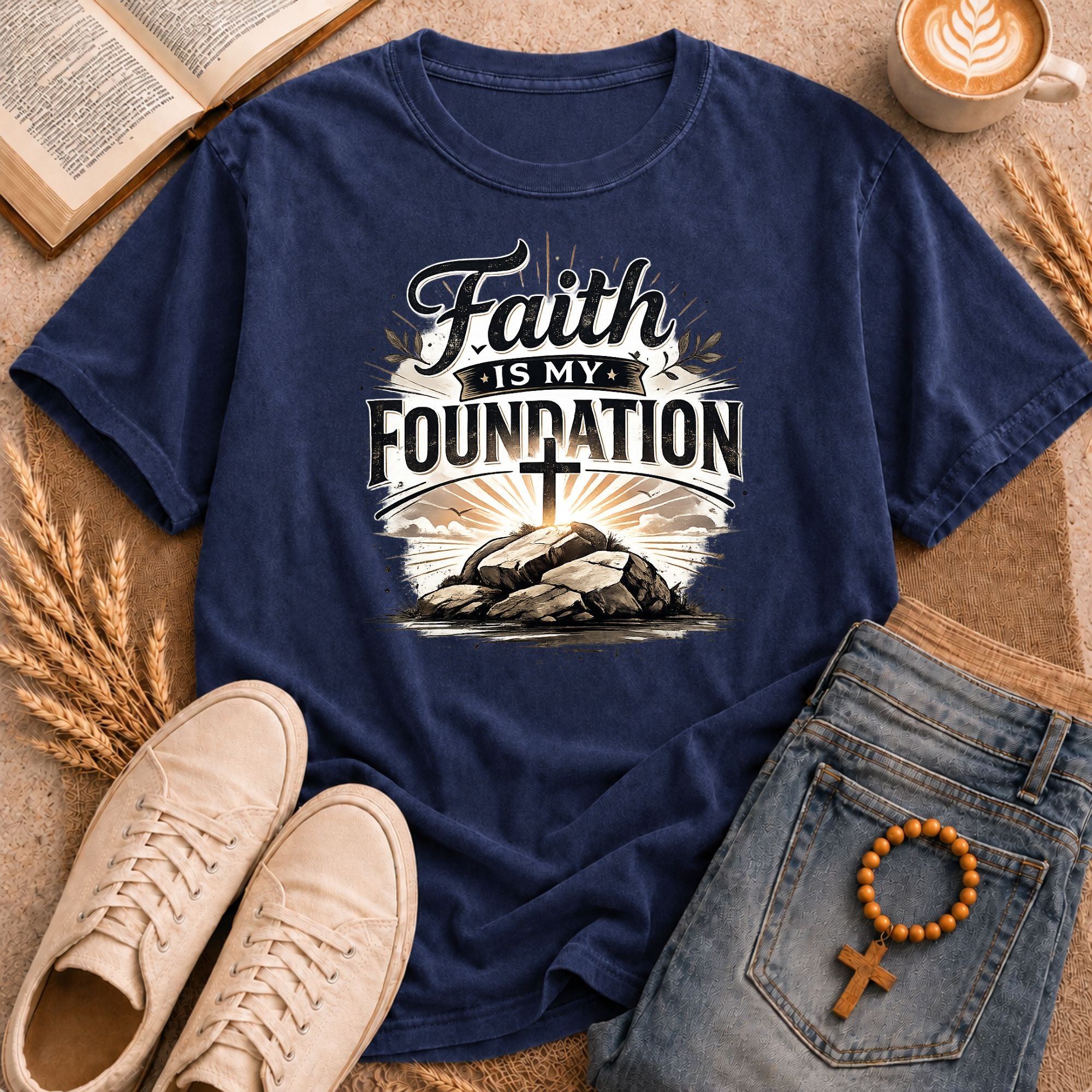 Christian faith apparel design featuring Faith is my Foundation typography and cross