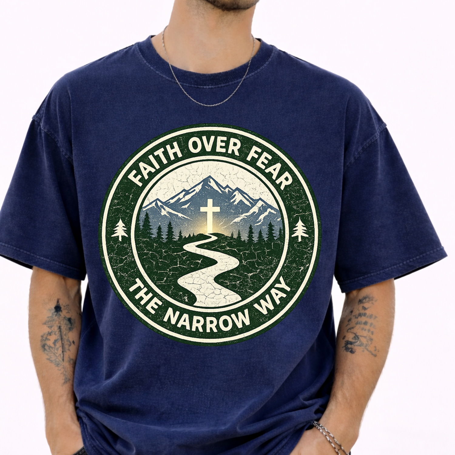 Faith Over Fear The Narrow Way religious graphic tee vintage circle patch cross mountain forest scene
