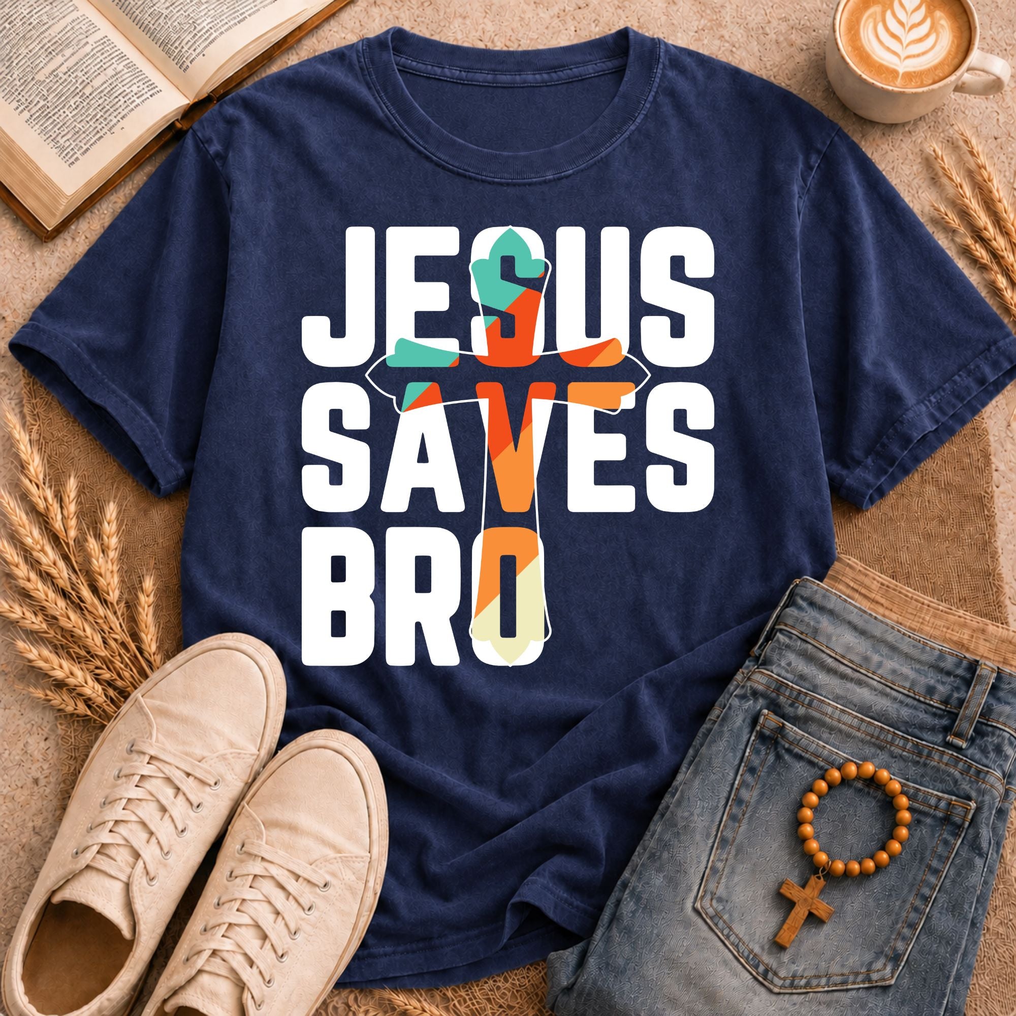 Jesus Saves Bro multicolor cross graphic t-shirt – trendy funny Christian apparel gift
