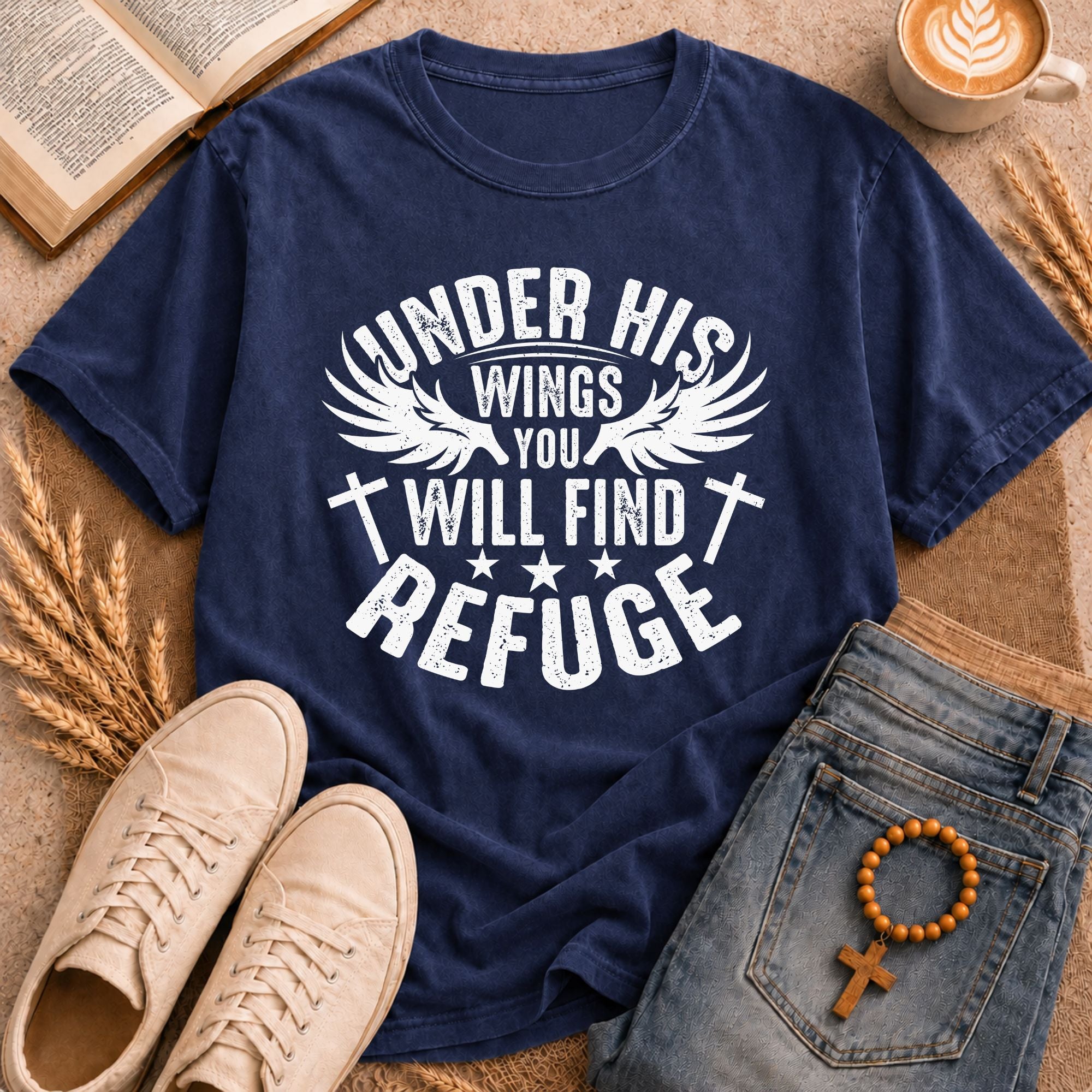 Faith-Based Scripture Tee Under His Wings Refuge Bible Verse Cross Graphic T-Shirt