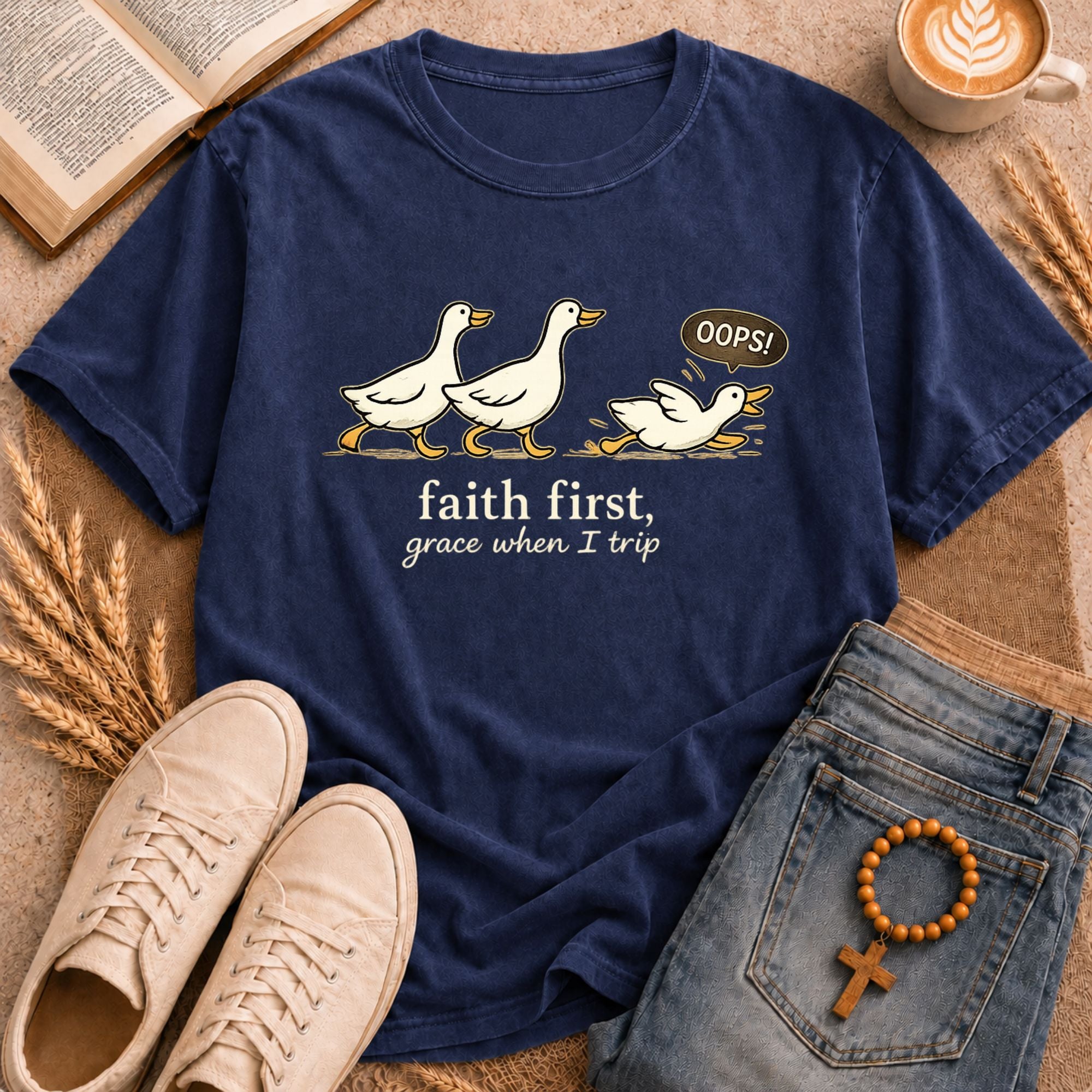 "Faith First Grace When I Trip" duck stumbling graphic shirt – humorous Christian apparel
