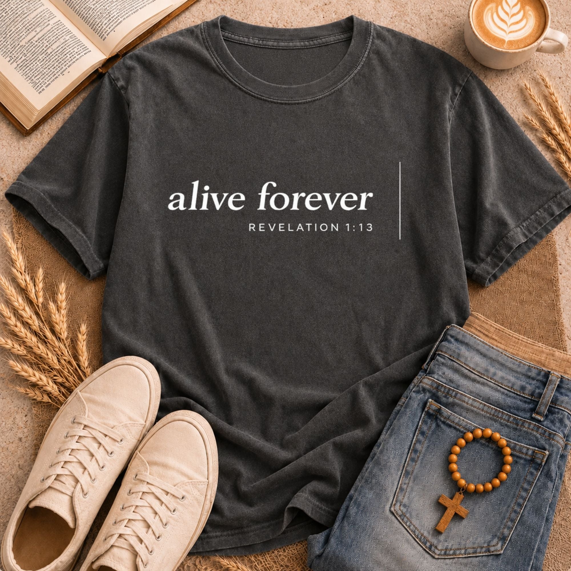 faith-based graphic tee alive forever Bible verse shirt