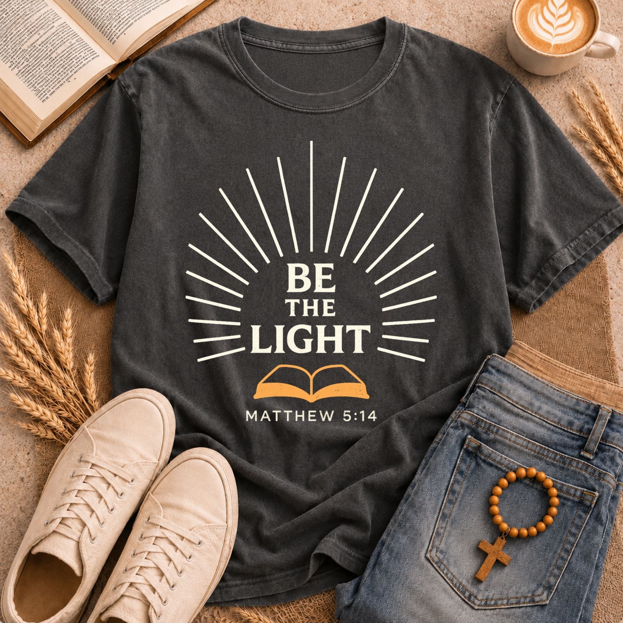 BE THE LIGHT Matthew 5:14 inspirational Christian t-shirt open Bible sunburst print