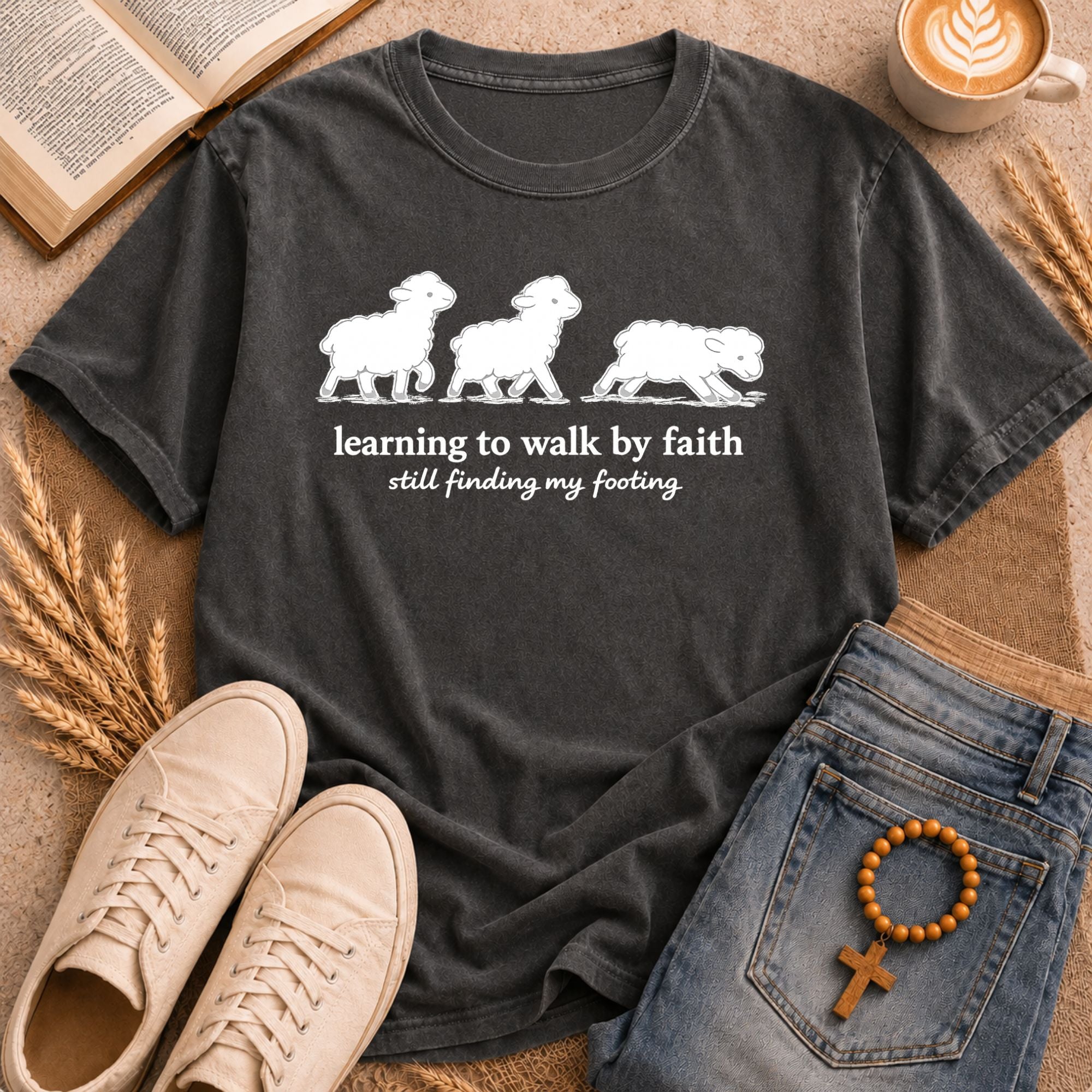 Lamb trio faith graphic tee – "Still Finding My Footing" religious humor t-shirt