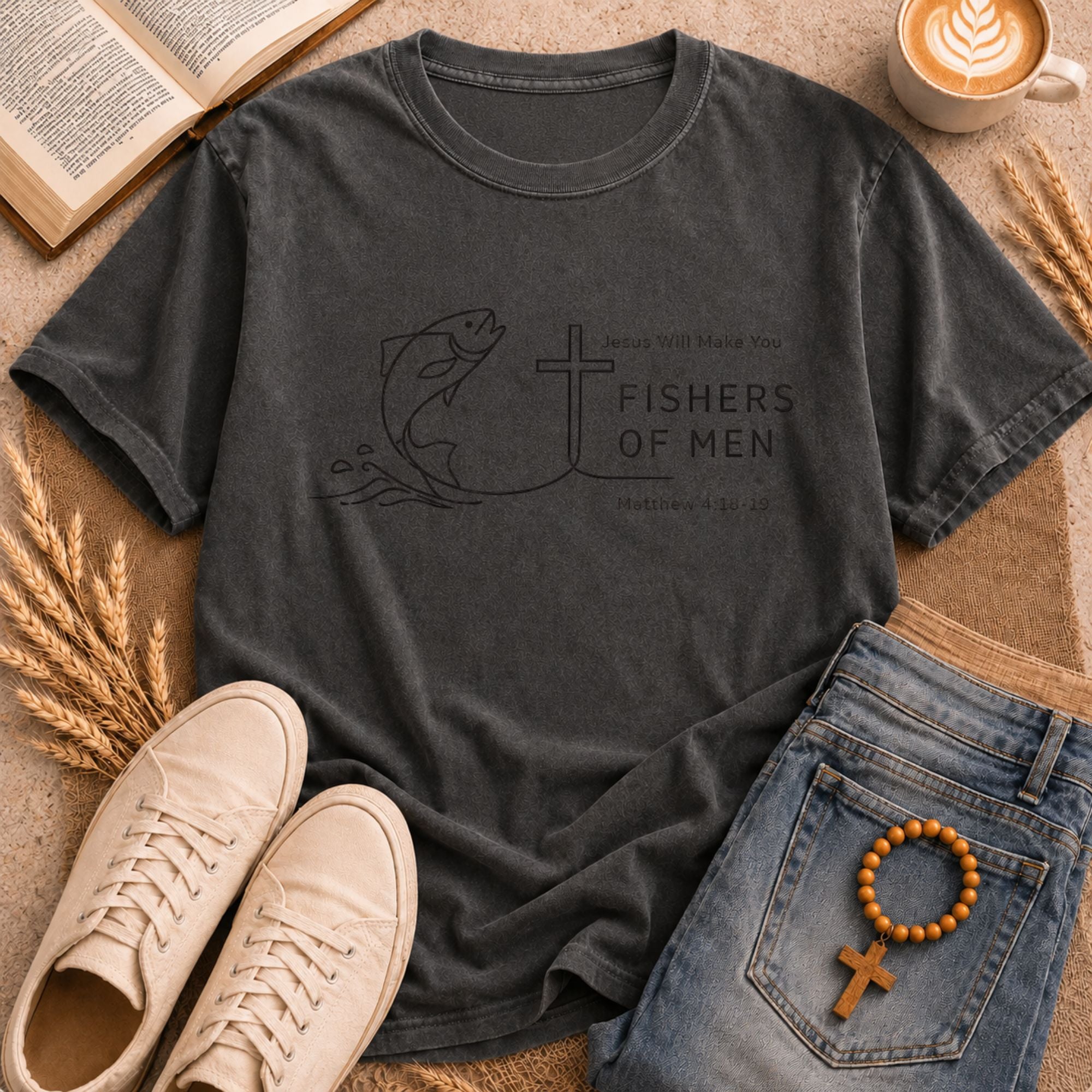 Christian t-shirt Matthew 4:18-19 Fishers of Men minimalist fish cross design