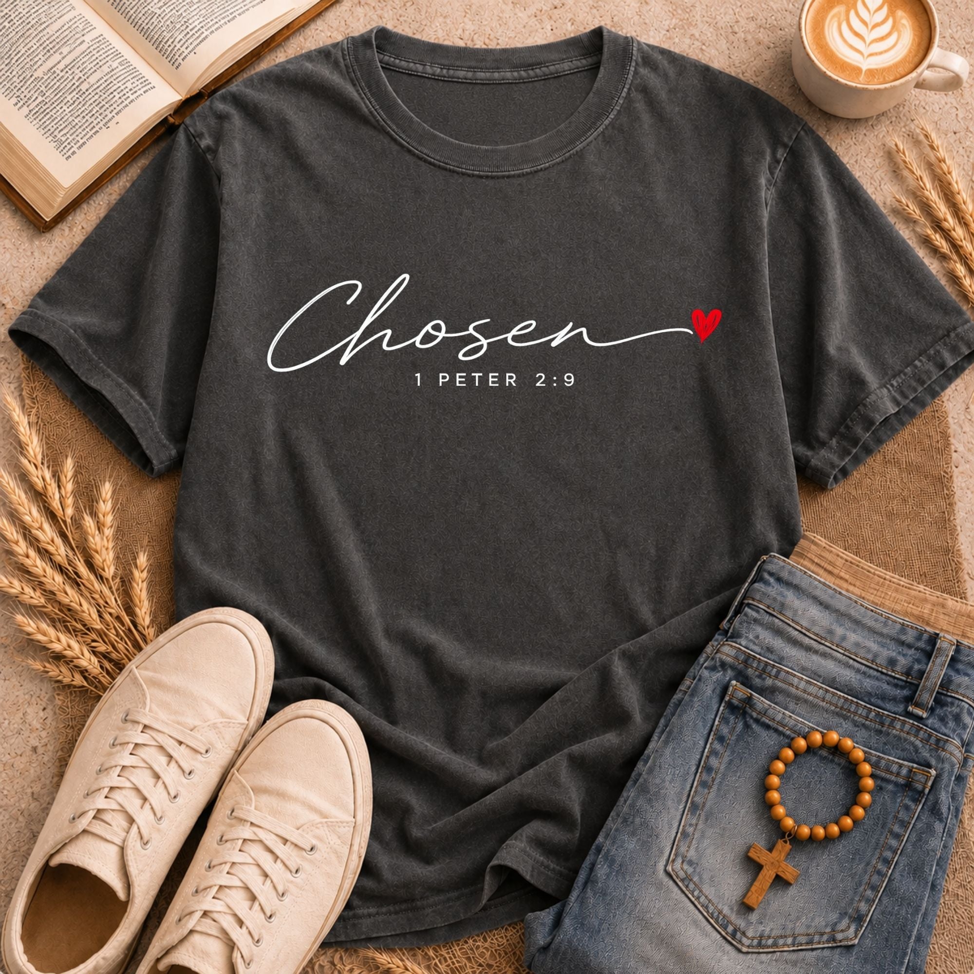 Chosen cursive heart graphic tee 1 Peter 2:9 religious apparel