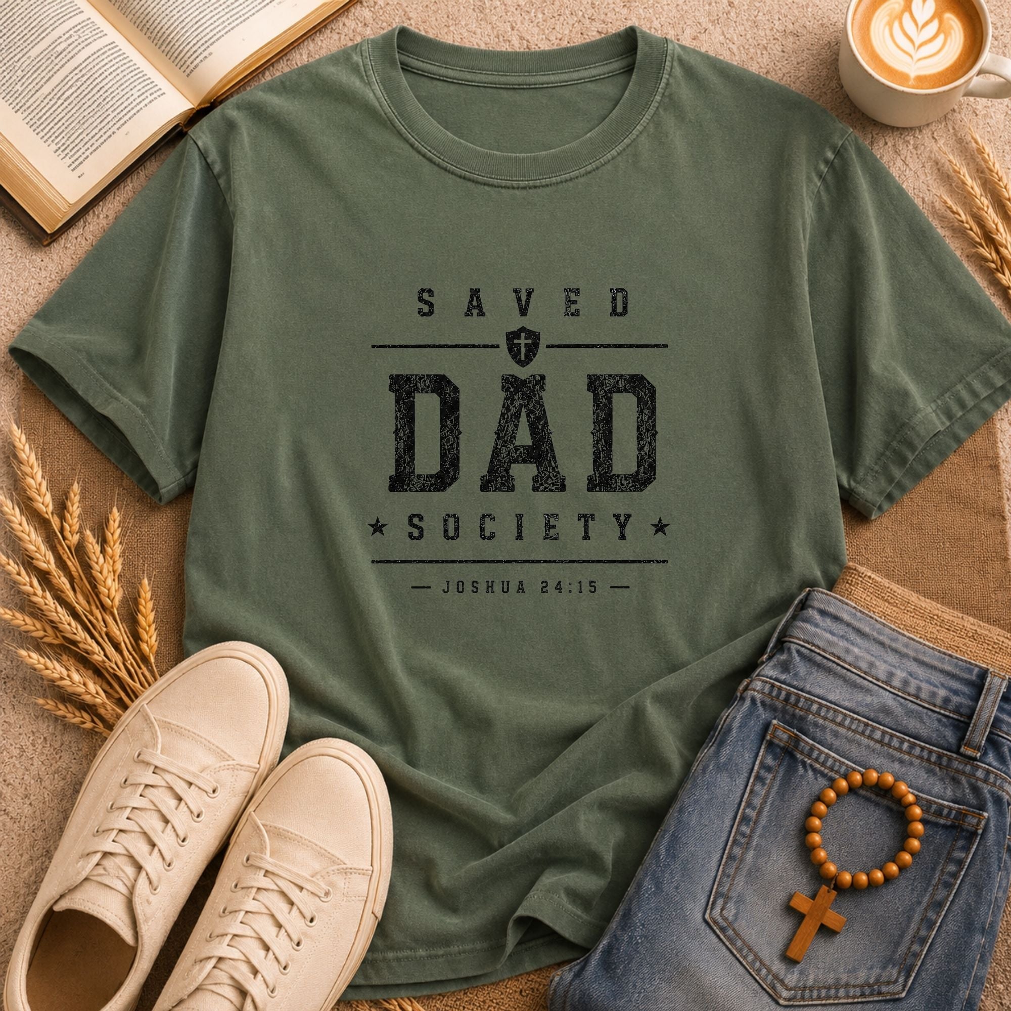 Olive green unisex t-shirt with bold distressed Saved Dad Society graphic and cross logo, styled with denim and prayer beads