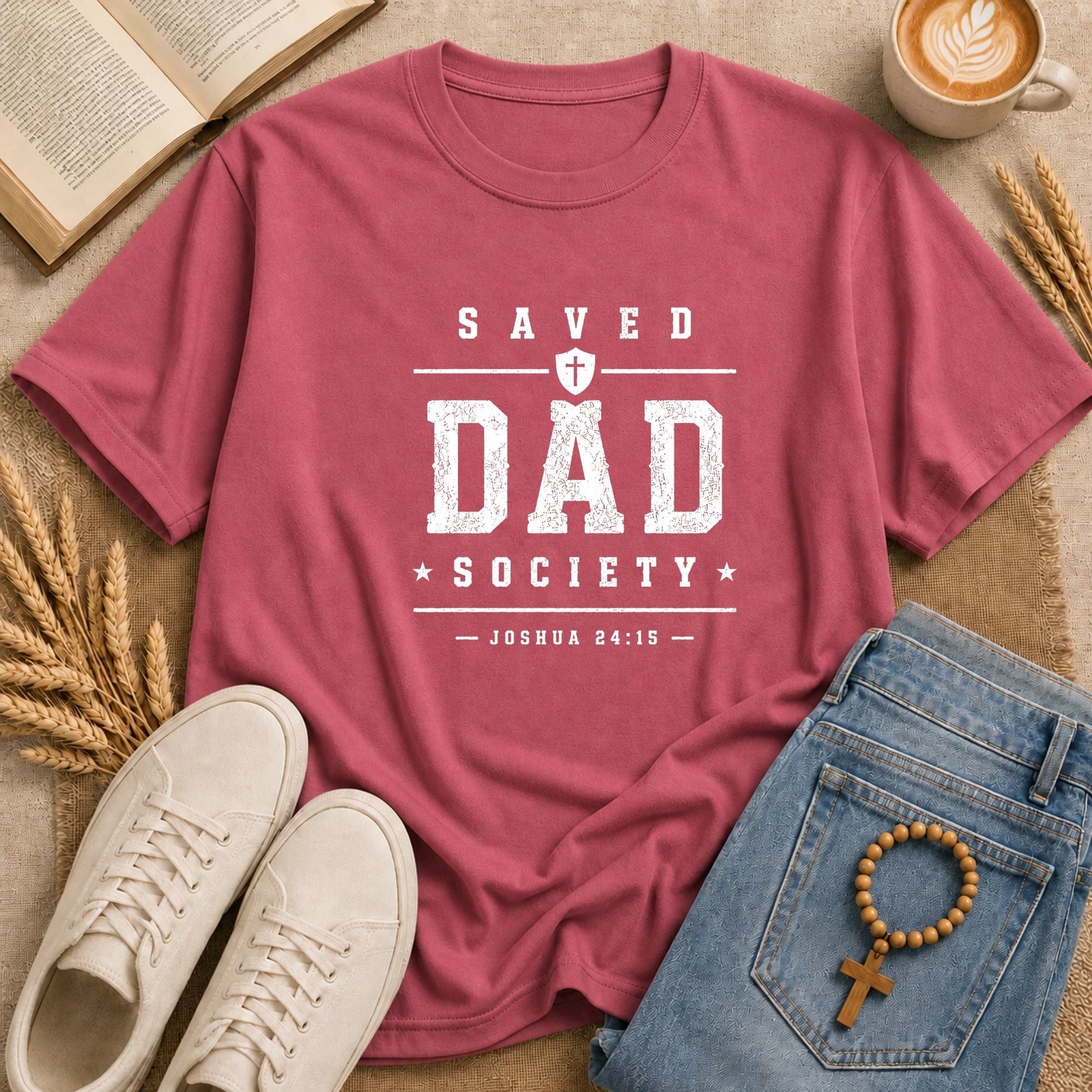 faith-based graphic tee with Saved Dad Society design and cross shield 