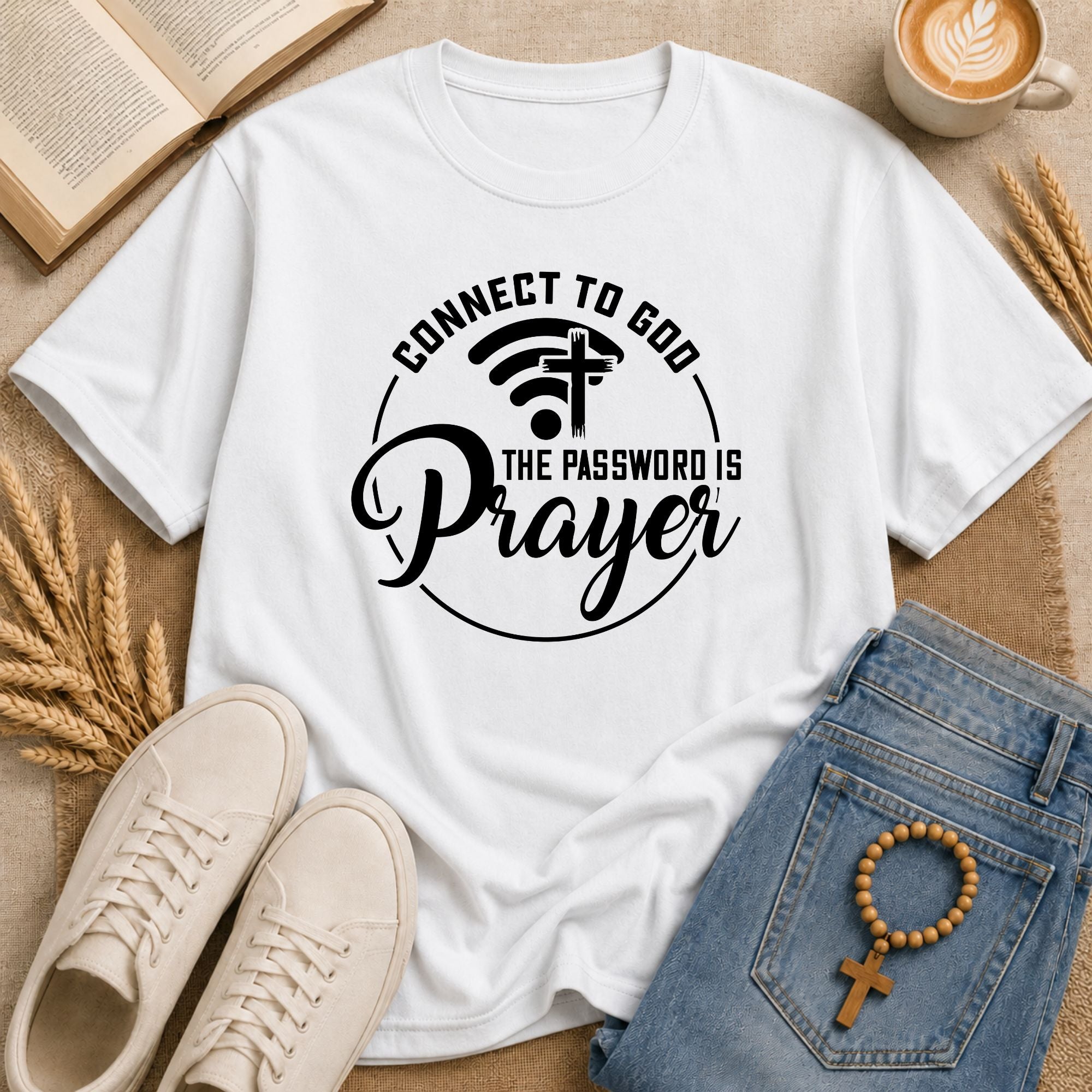 "Connect to God The Password Is Prayer" WiFi cross graphic tee – funny Christian faith shirt