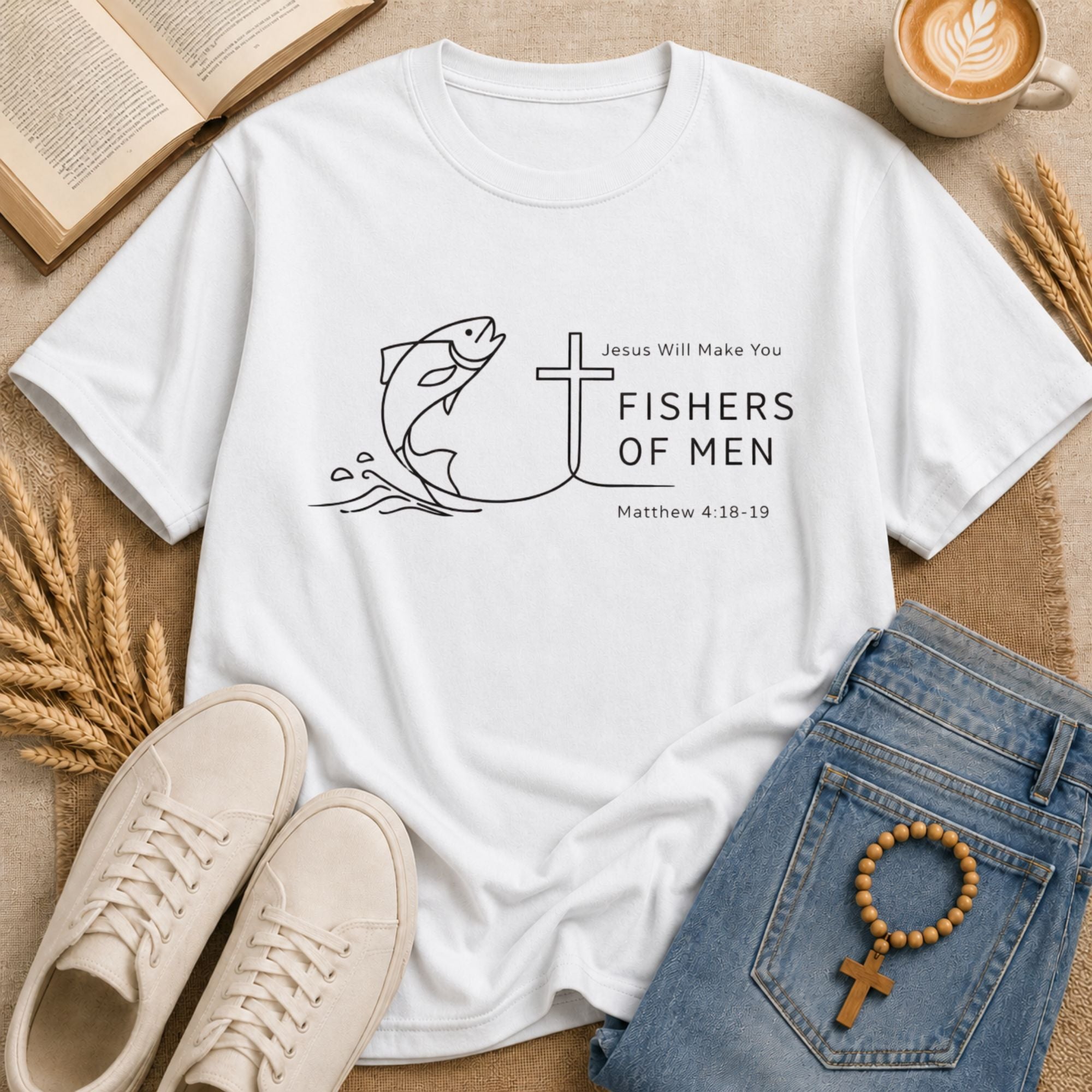 Fishers of Men Jesus quote t-shirt with leaping fish cross line art Bible verse Matthew 4:18-19