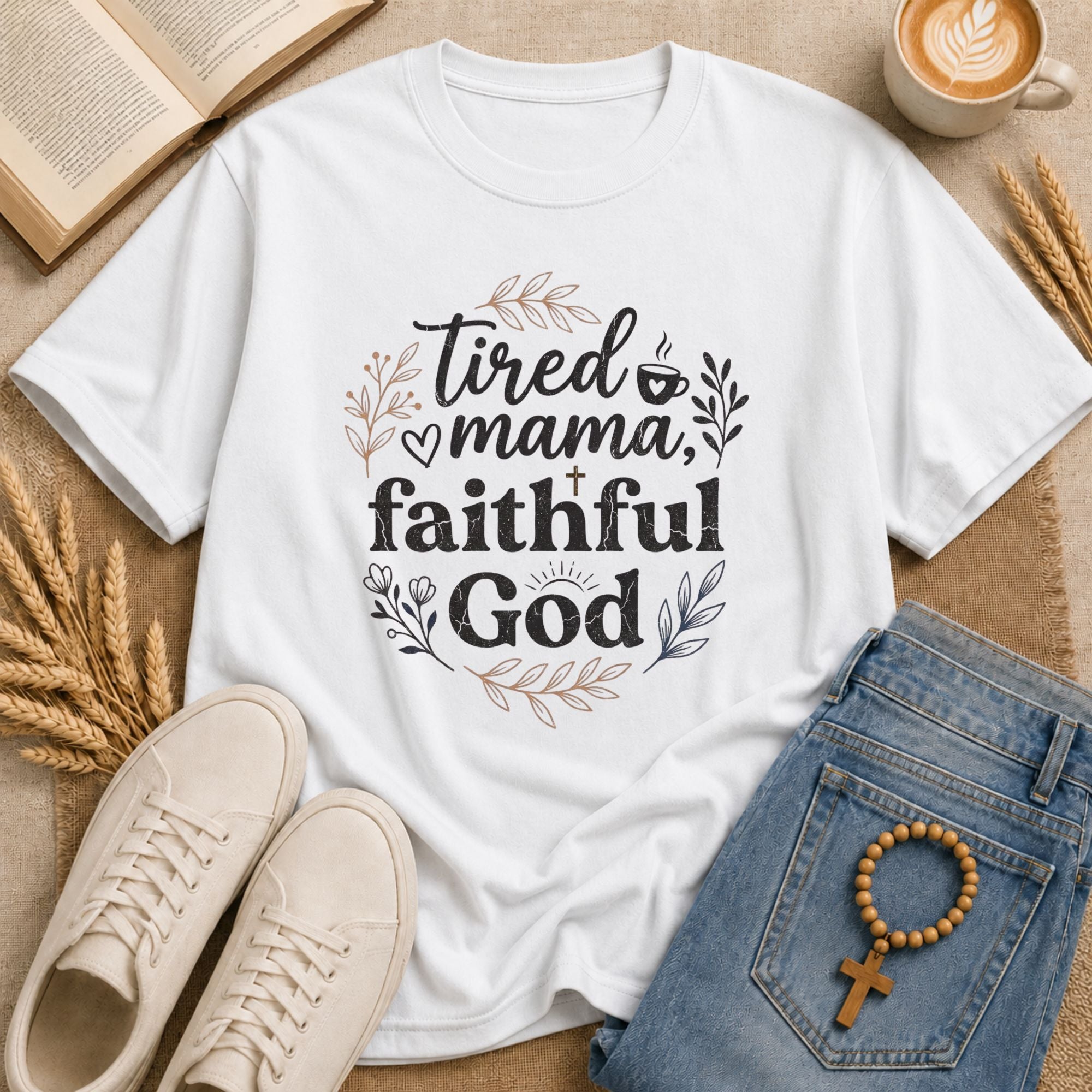 Tired Mama Faithful God graphic tee – Christian mom faith t-shirt with floral design