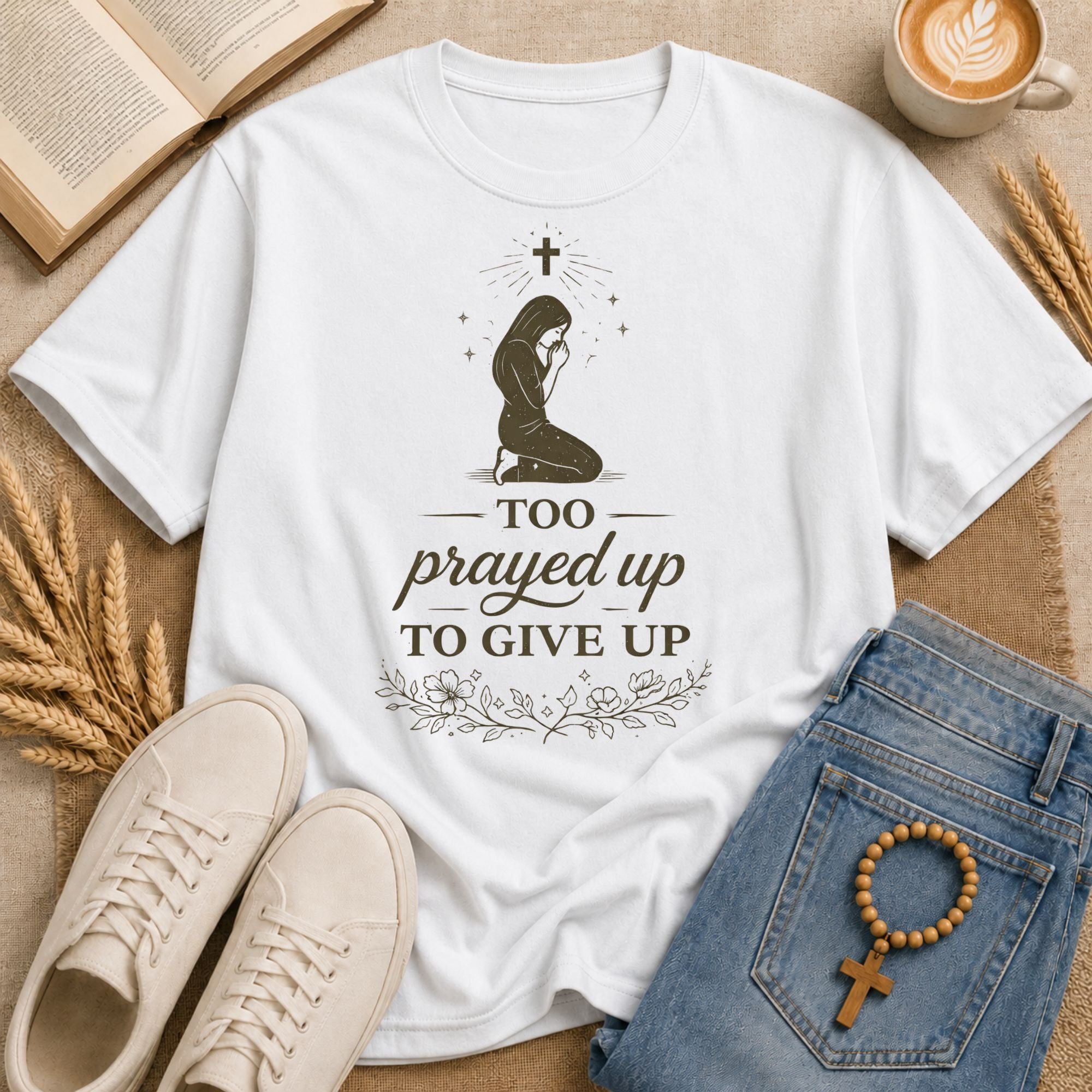 Too Prayed Up To Give Up graphic tee – Christian women's faith t-shirt with praying woman