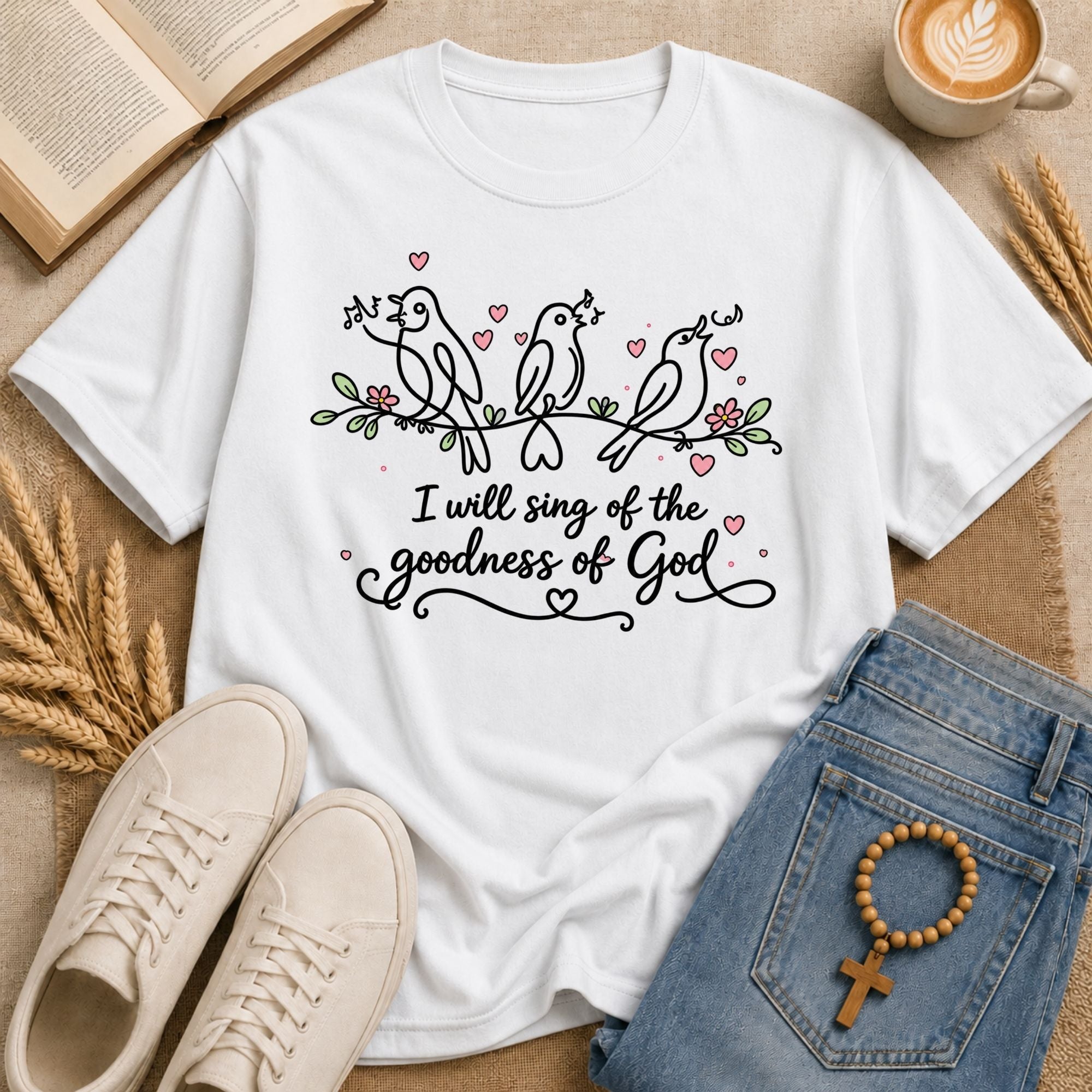 I Will Sing of the Goodness of God Christian graphic tee with birds and flowers