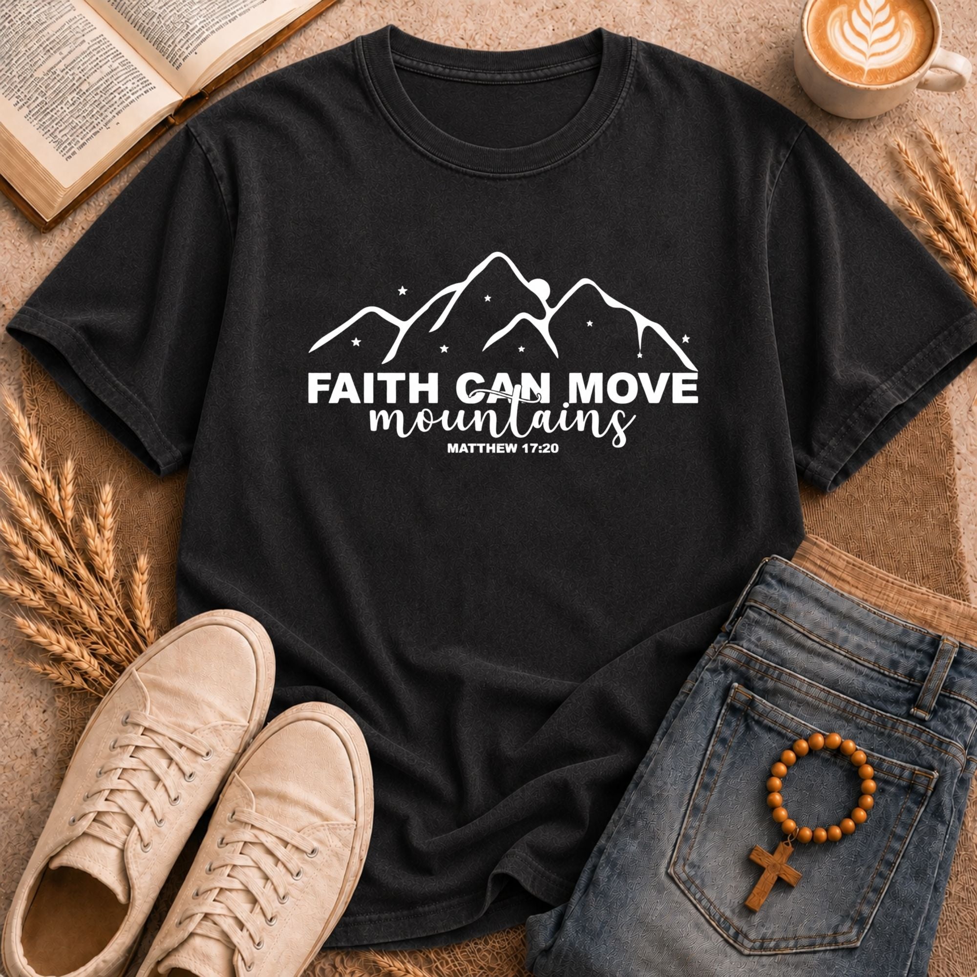 Faith Can Move Mountains Matthew 17:20 black graphic tee with white mountain and star design