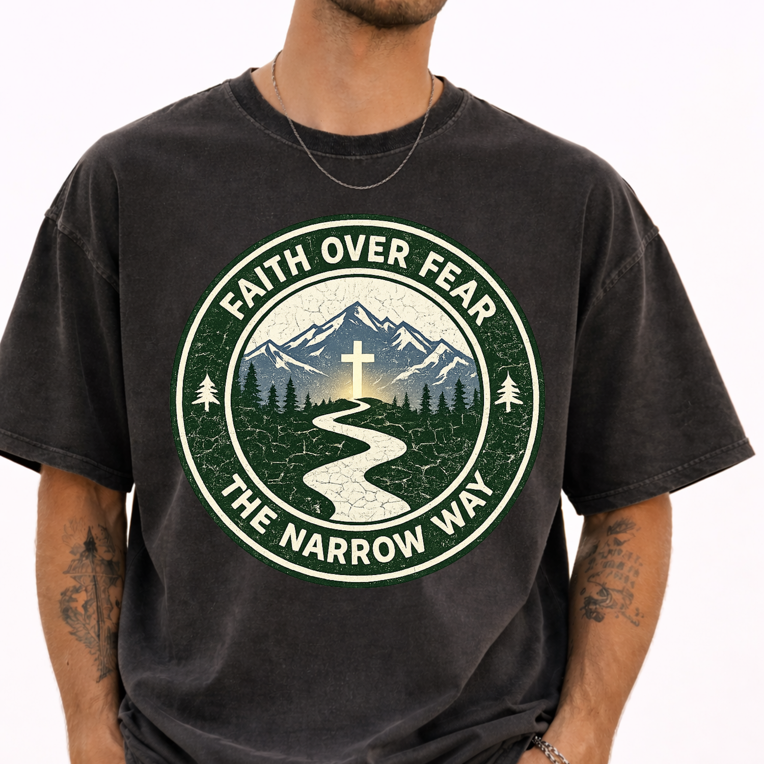 Christian faith t-shirt Faith Over Fear The Narrow Way cross mountain winding path distressed badge design
