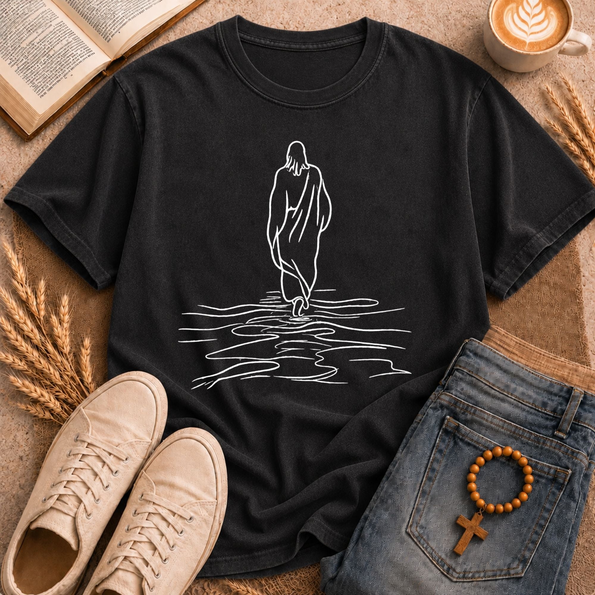 Jesus Walking on Water Graphic T-Shirt Christian Faith Tee