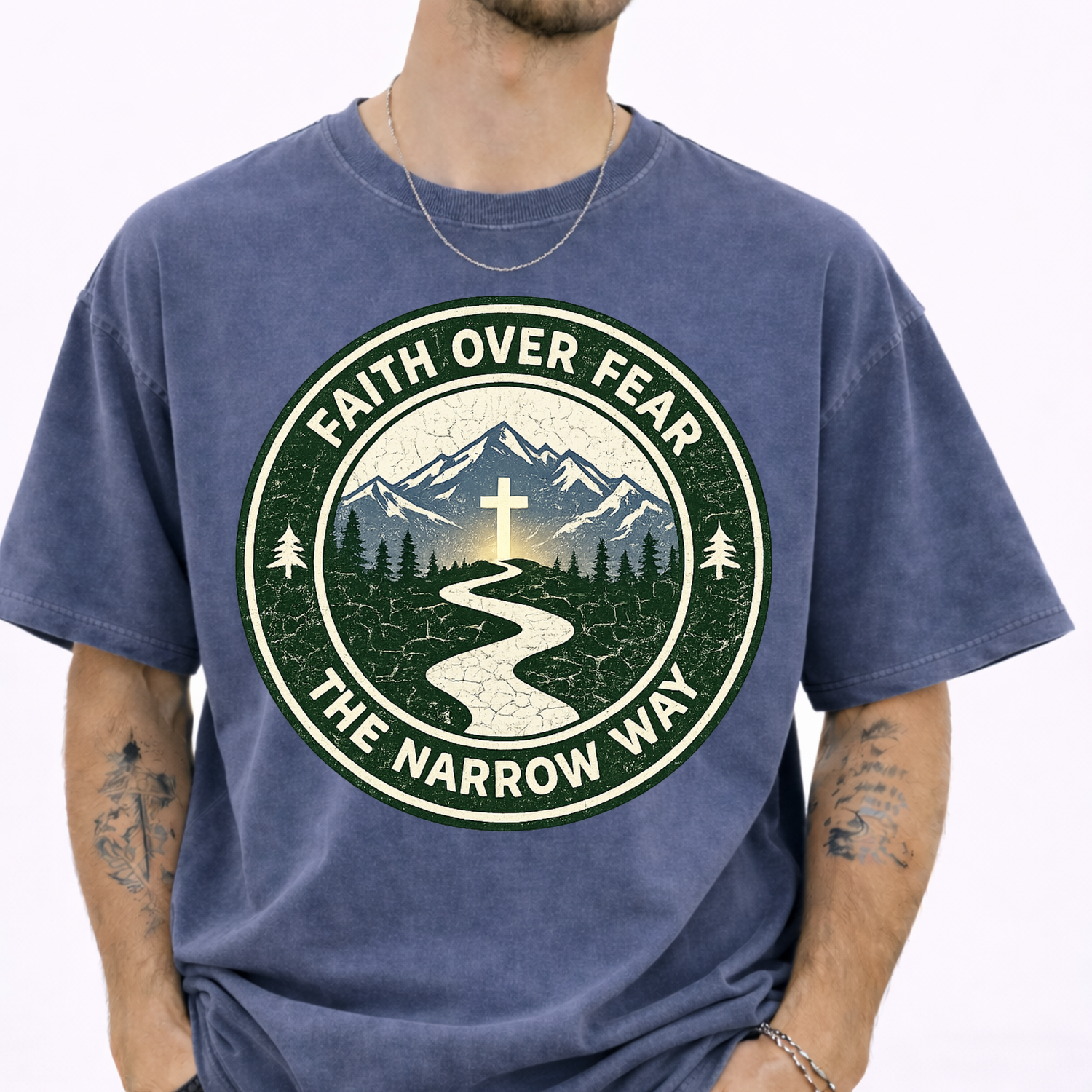 The Narrow Way Faith Over Fear Christian scripture t-shirt distressed mountain cross nature circular print