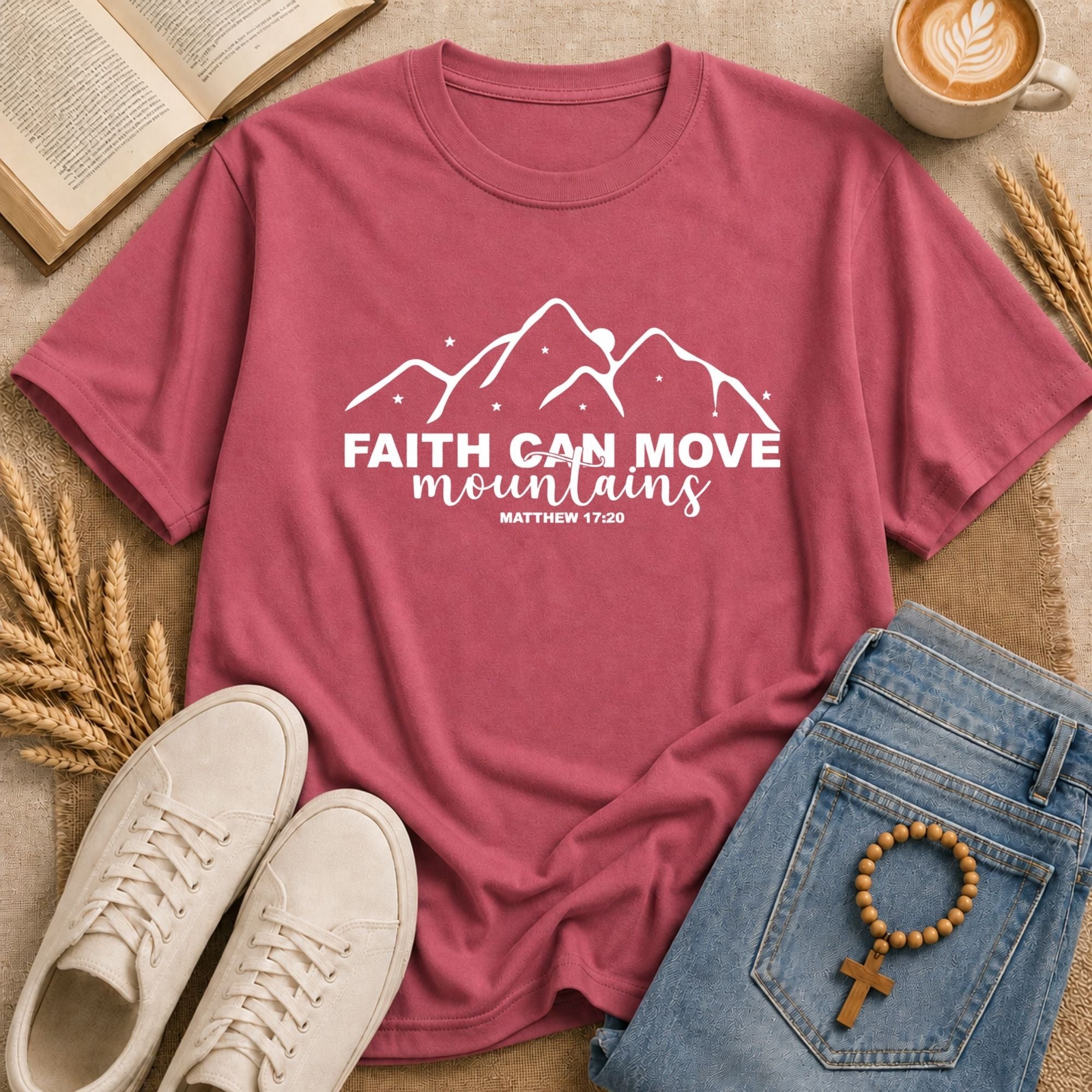 unisex t-shirt featuring white mountain range illustration with stars and 'Faith Can Move Mountains Matthew 17:20' text