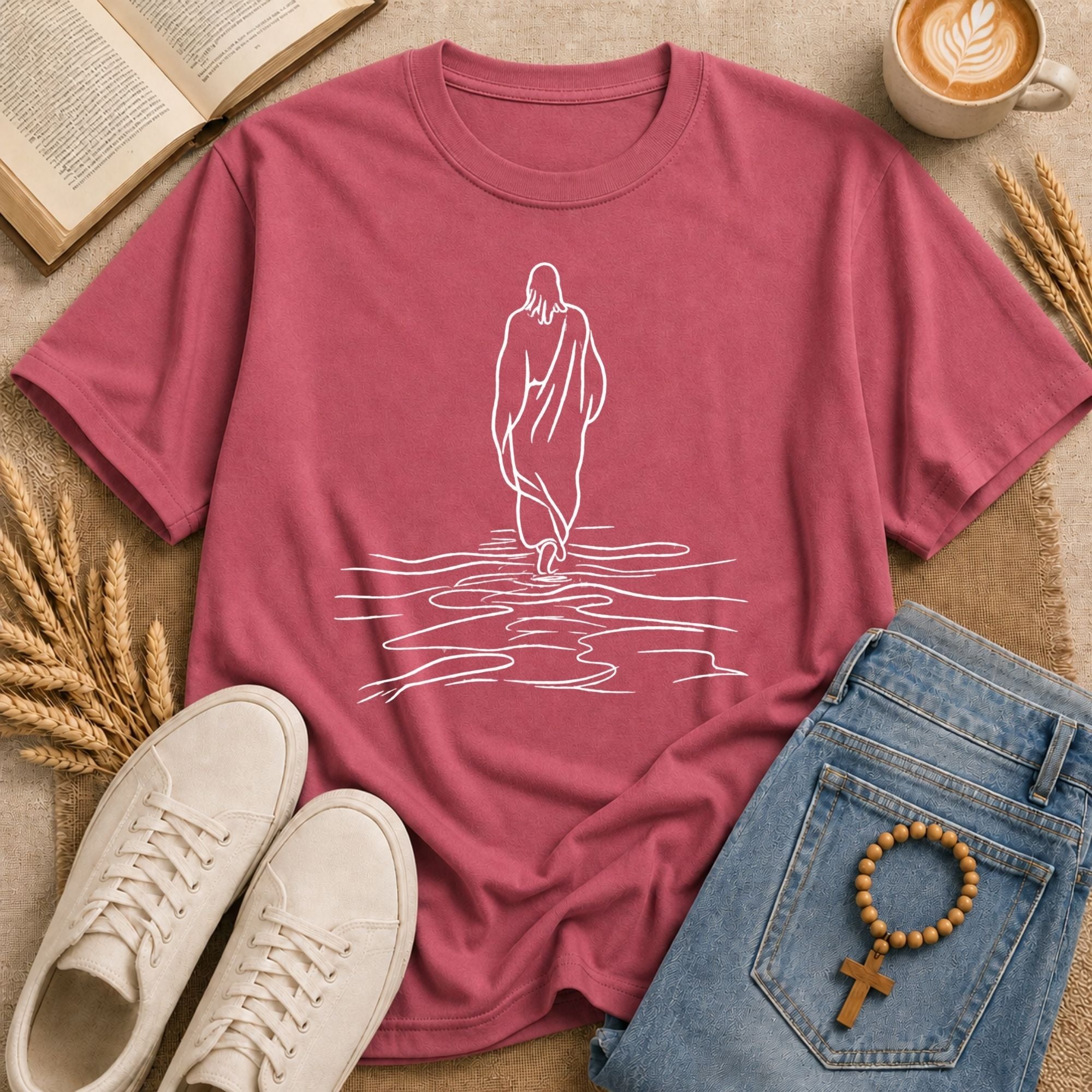 Jesus Walks on Water Line Art Christian T-Shirt Religious Gift