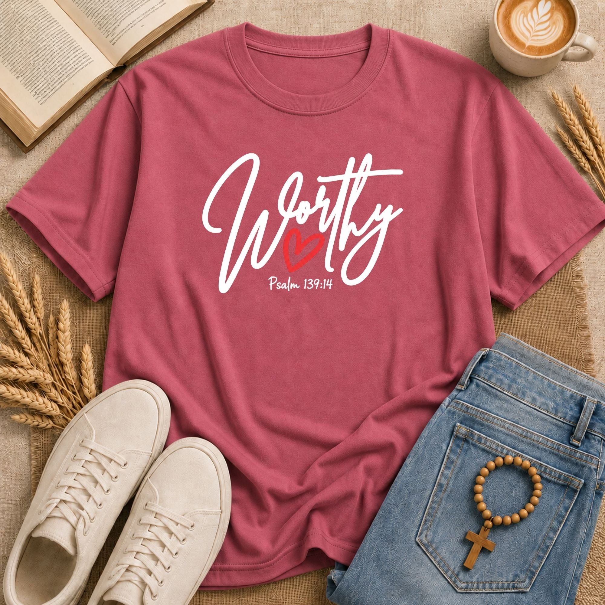 Faith-Based Worthy Scripture Tee Psalm 139:14 with Red Heart