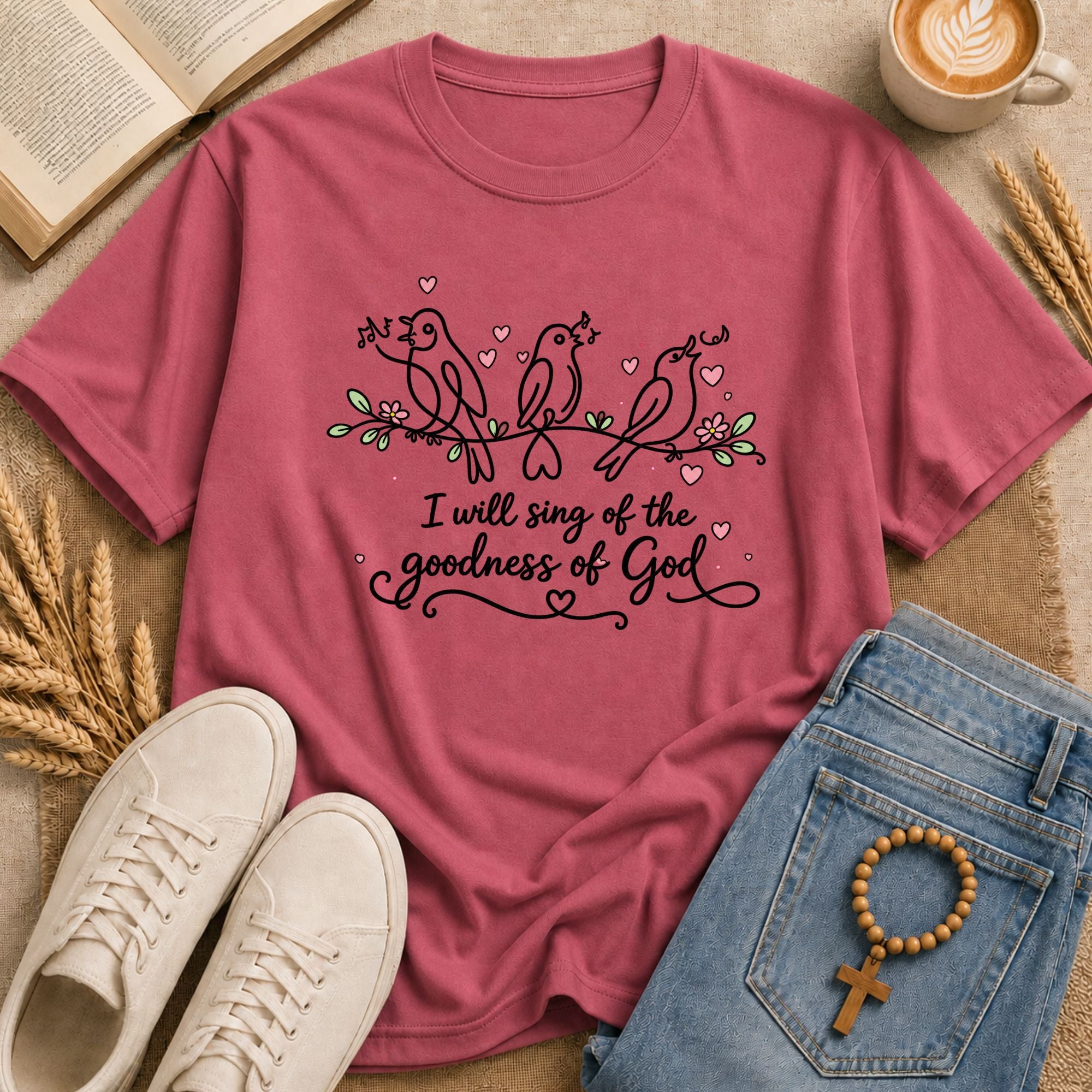 Christian worship tee I Will Sing of the Goodness of God bird branch graphic apparel