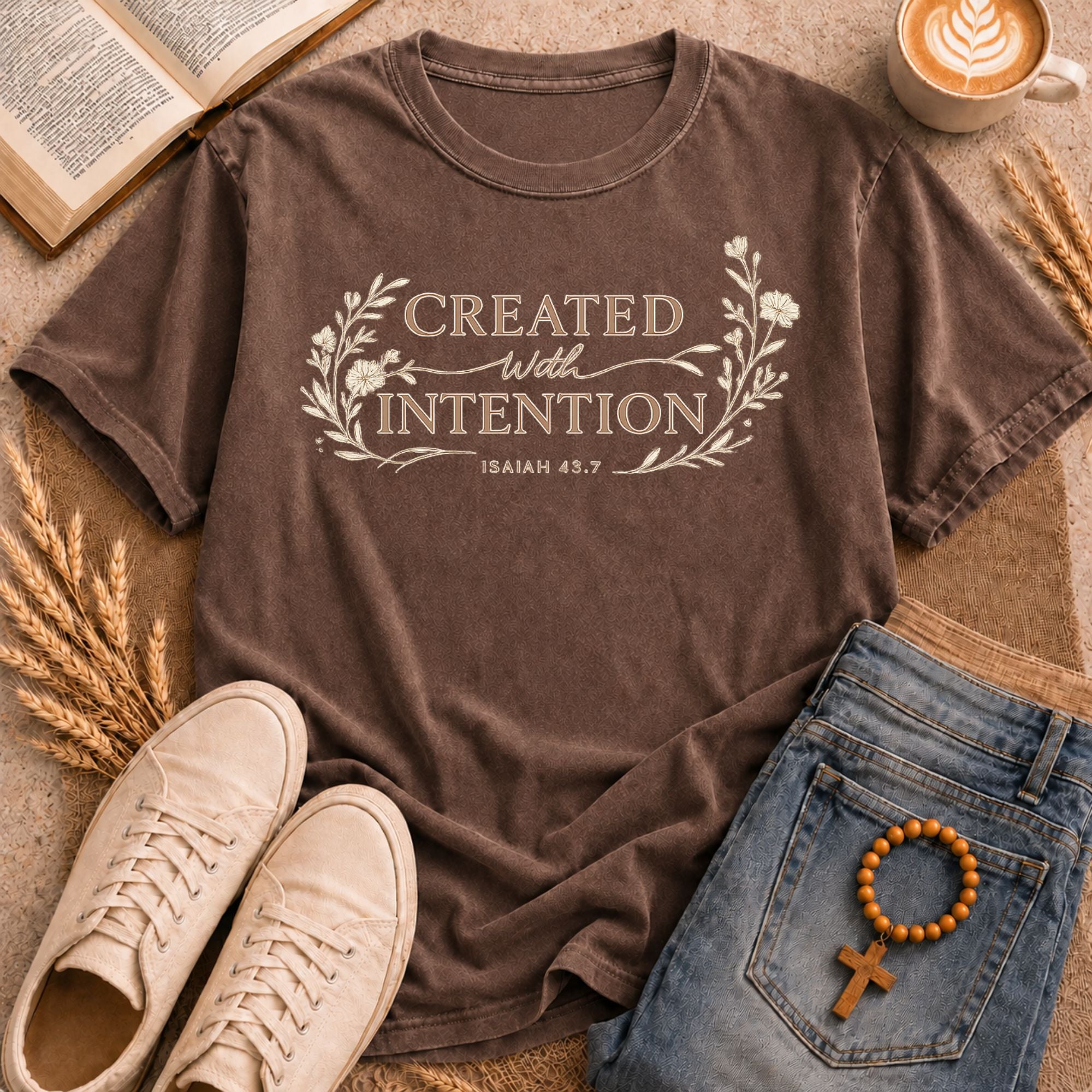 Created With Intention Isaiah 43:7 inspirational Christian tee delicate floral wreath ornate gold lettering print