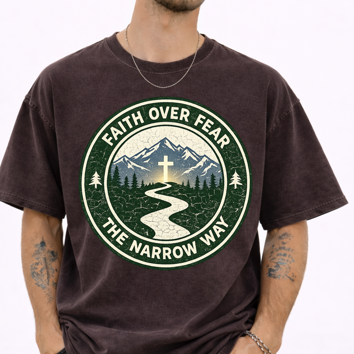 Faith Over Fear The Narrow Way inspirational Christian tee cross mountains winding road distressed circular emblem