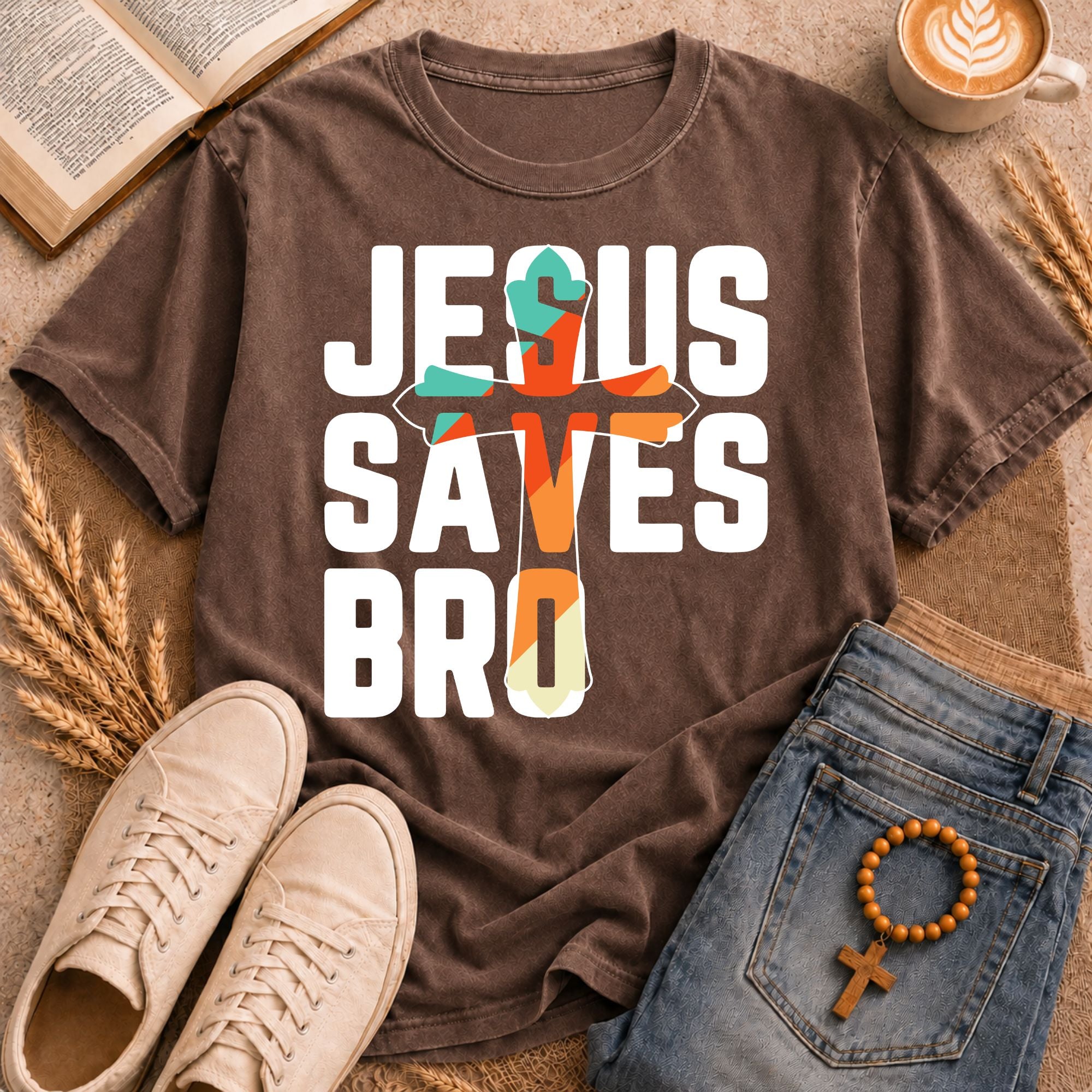 Jesus Saves Bro colorful geometric cross graphic shirt – modern bold Christian apparel gift idea