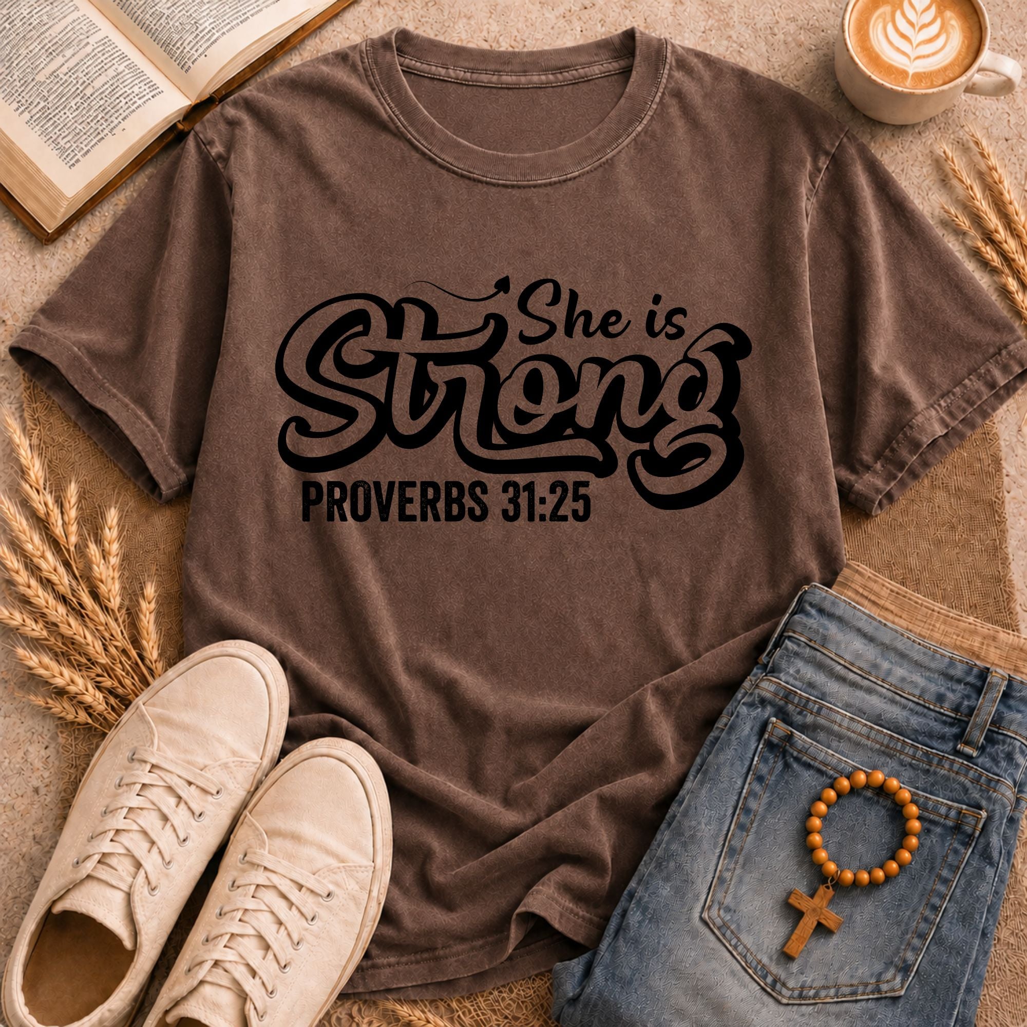 Empowering Christian T-Shirt She Is Strong Proverbs 31:25 Scripture Graphic Tee