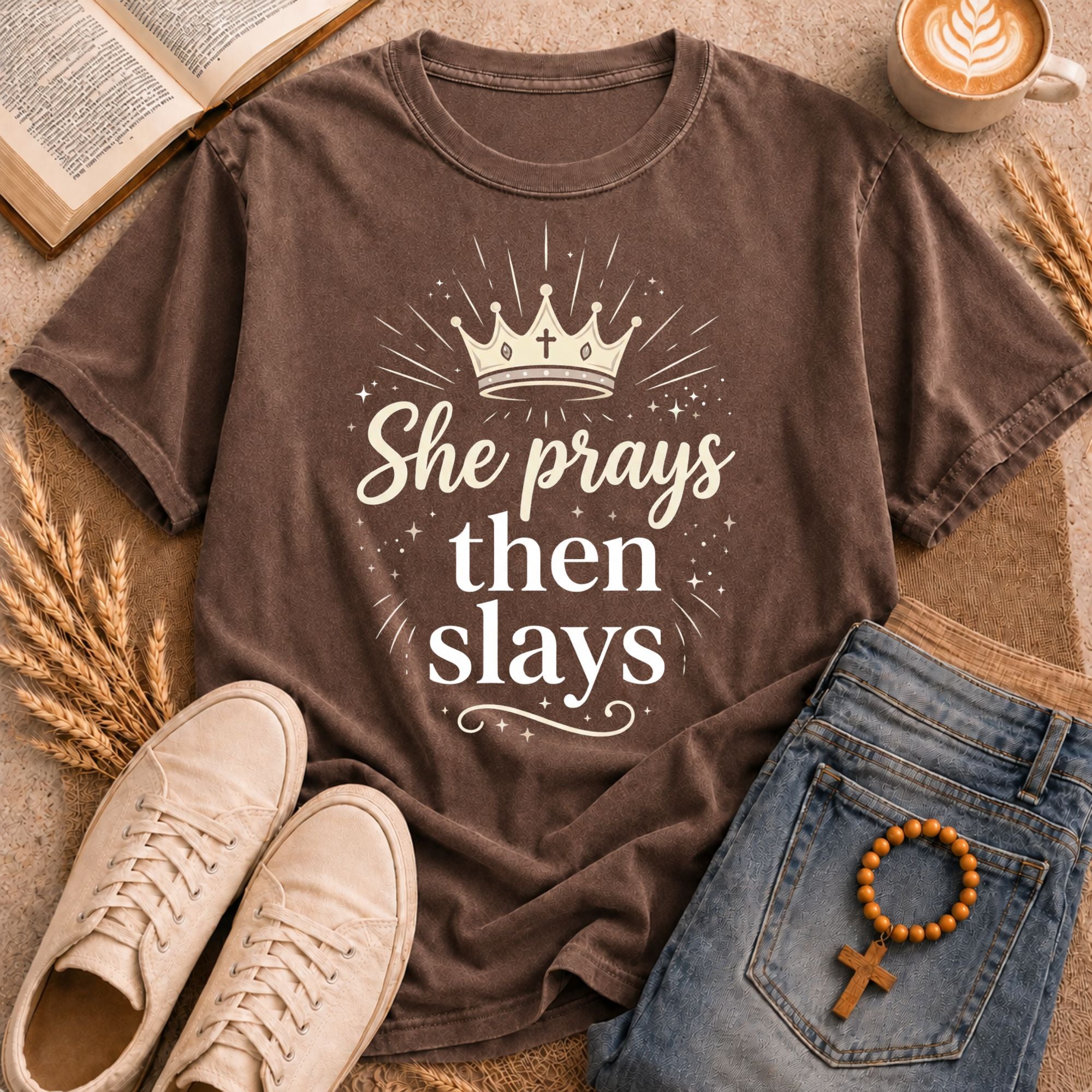 She Prays Then Slays faith tee – empowering women's Christian scripture shirt with crown