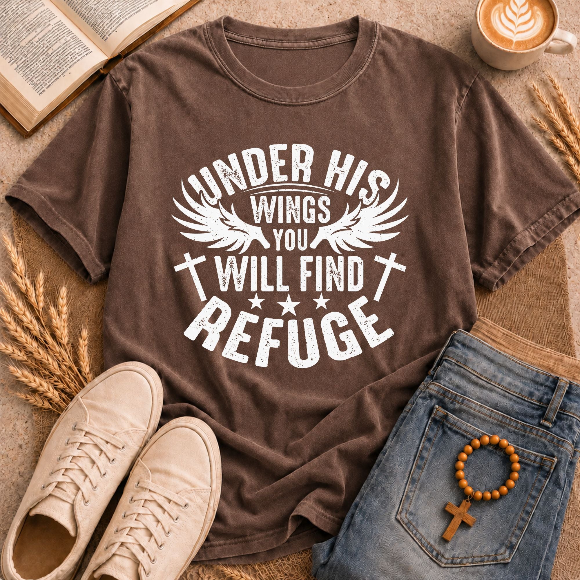Bible Verse Graphic Tee Under His Wings Refuge Faith Inspirational Christian Apparel