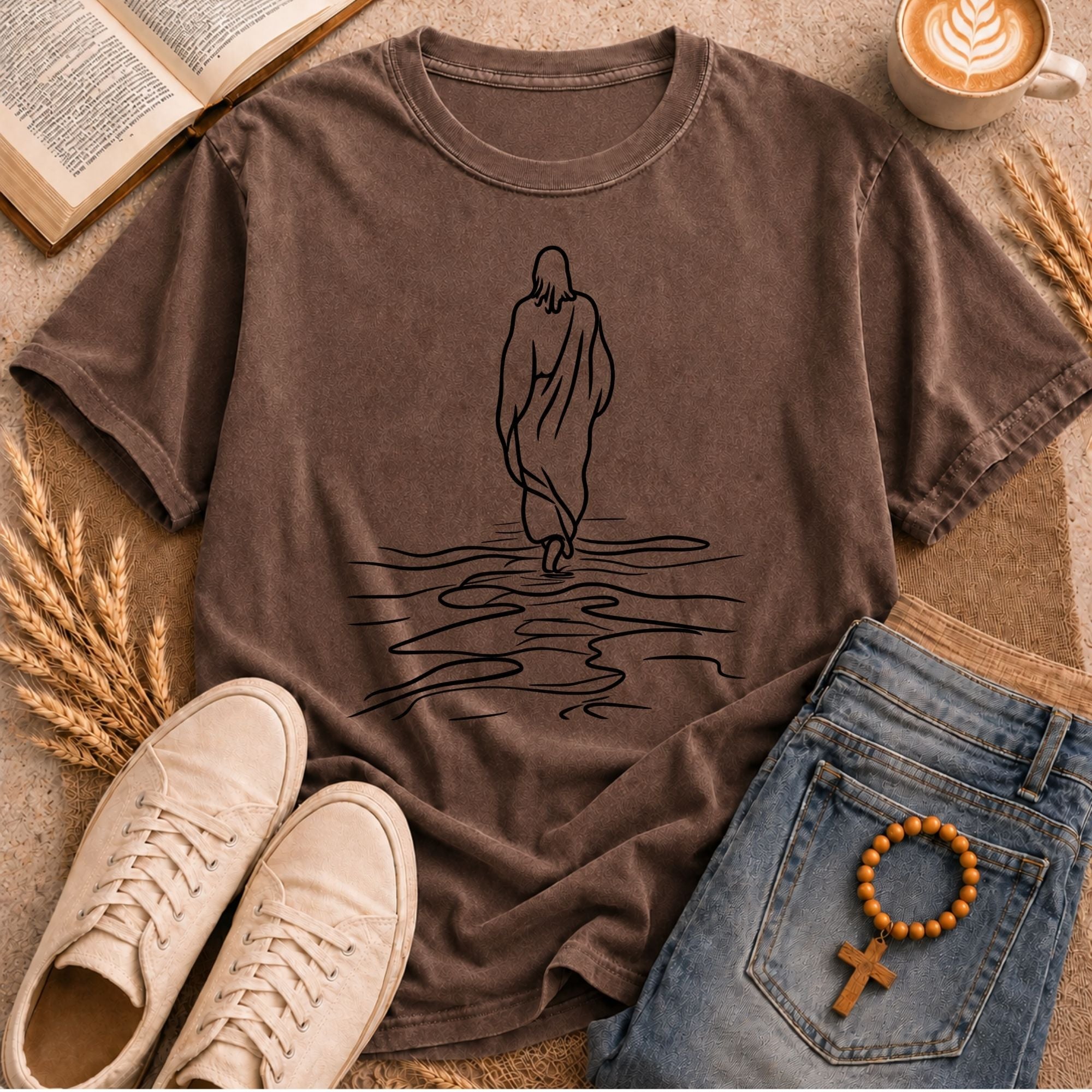 Minimalist Jesus Walking on Water Outline Graphic Christian Tee