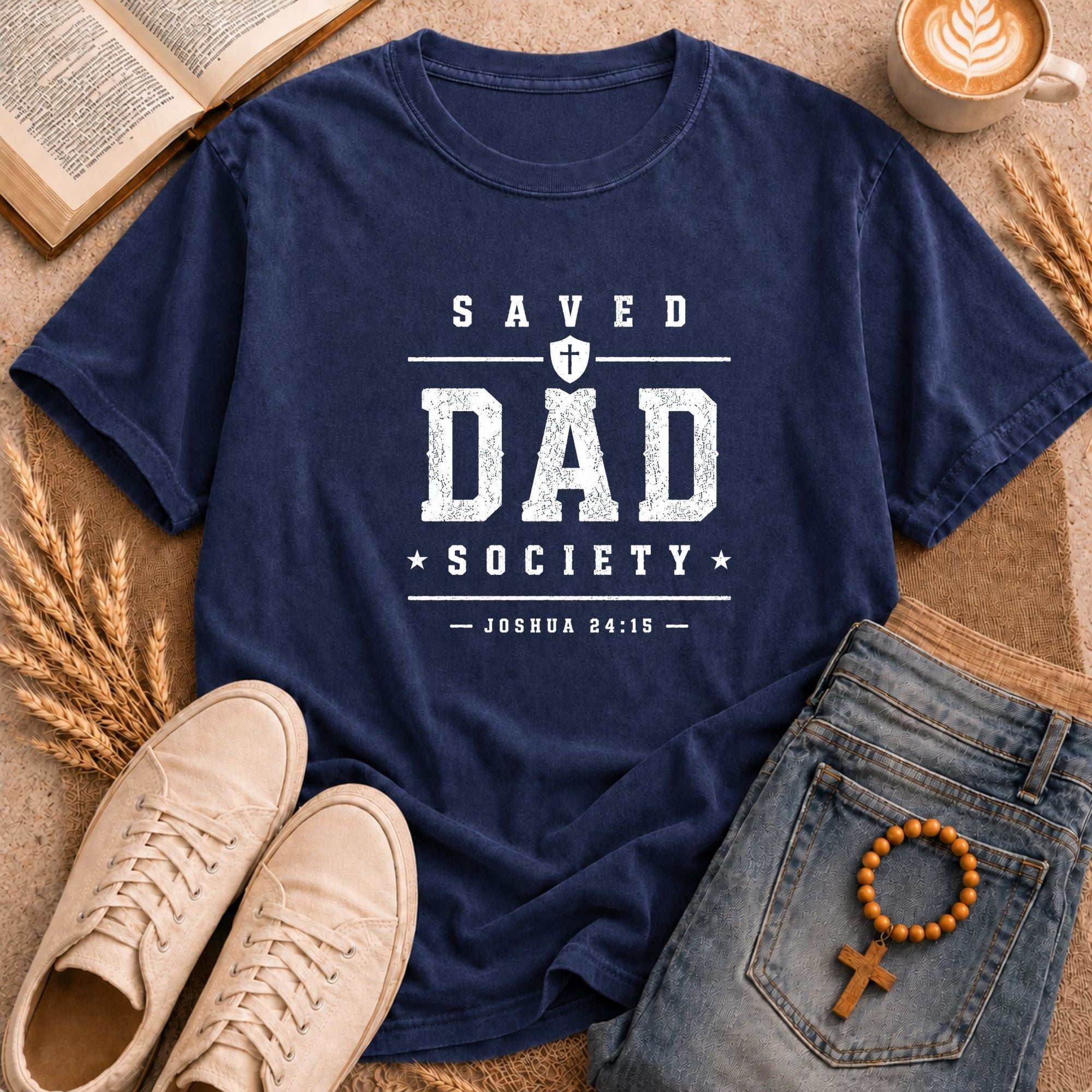 Saved Dad Society bible verse shirt with vintage athletic typography and Joshua 24:15 reference