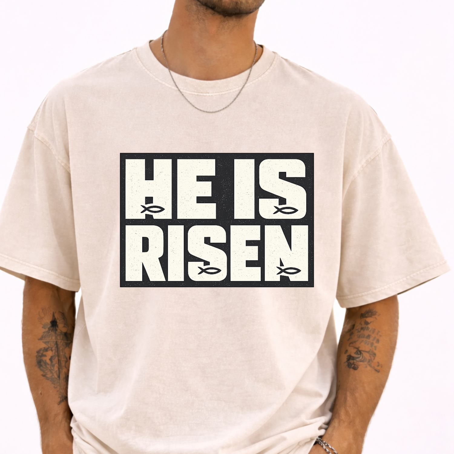 He Is Risen Easter Christian t-shirt bold block letter graphic with butterfly detail