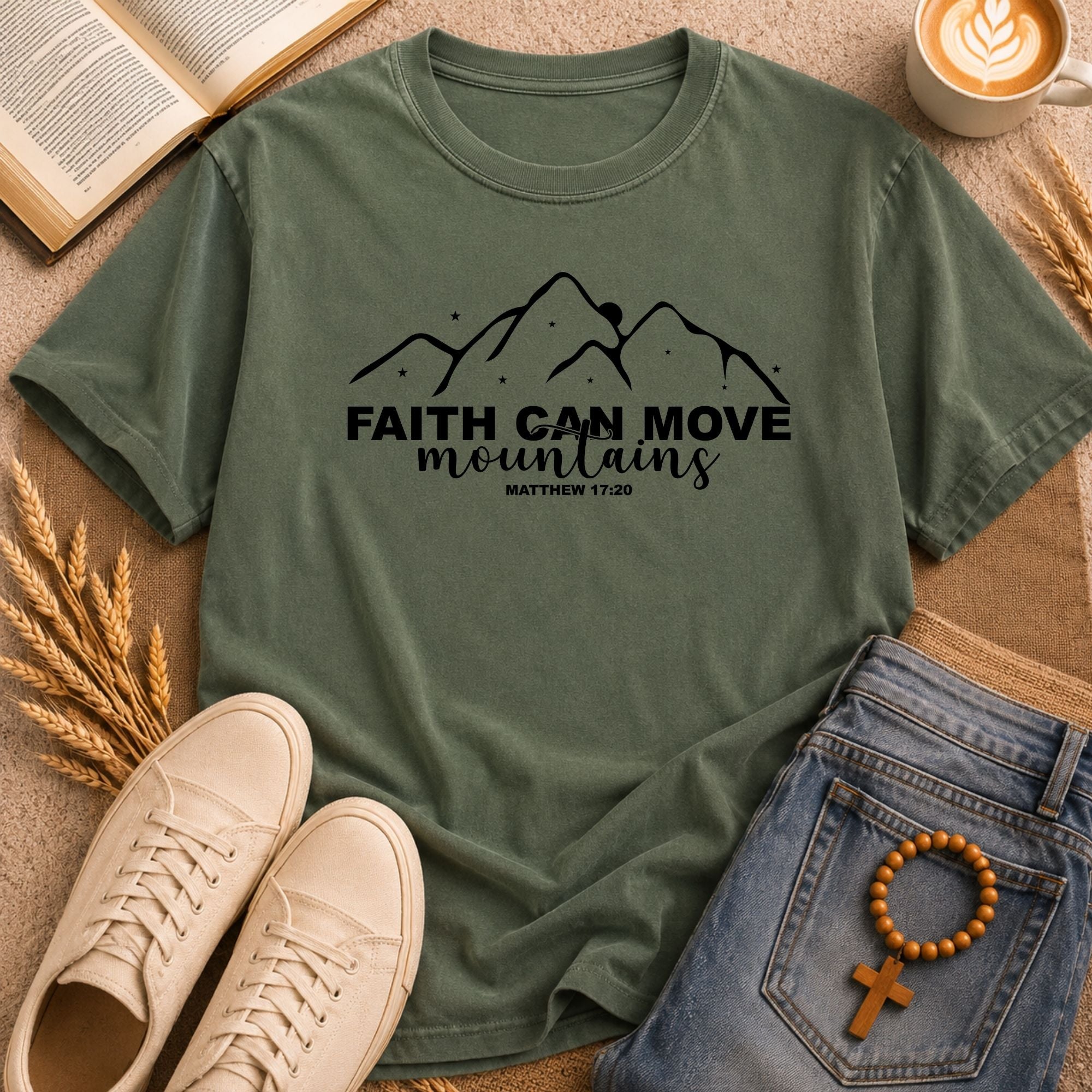 faith-based graphic tee with mountain scenery design and scripture Matthew 17:20