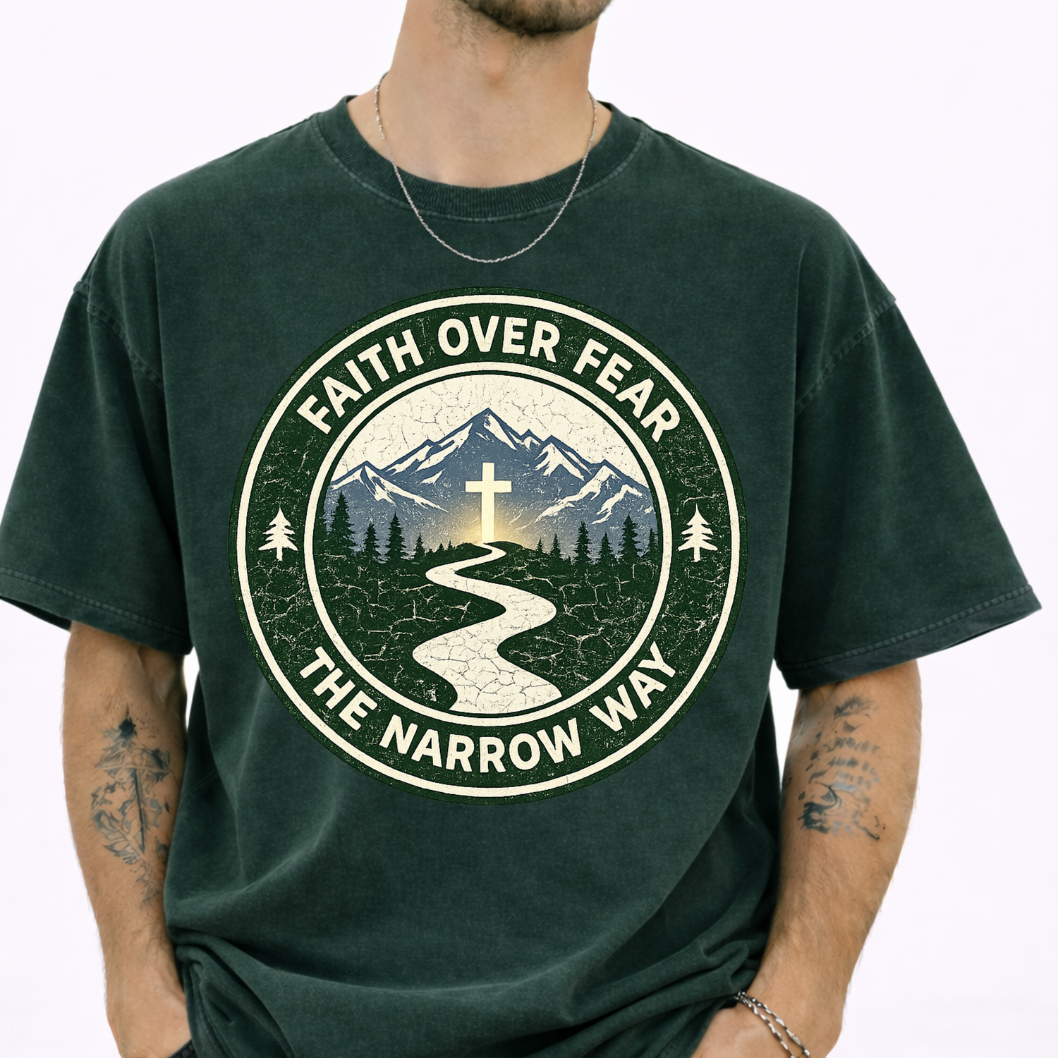 Religious Faith Over Fear t-shirt The Narrow Way cross glowing mountain path pine trees vintage badge graphic