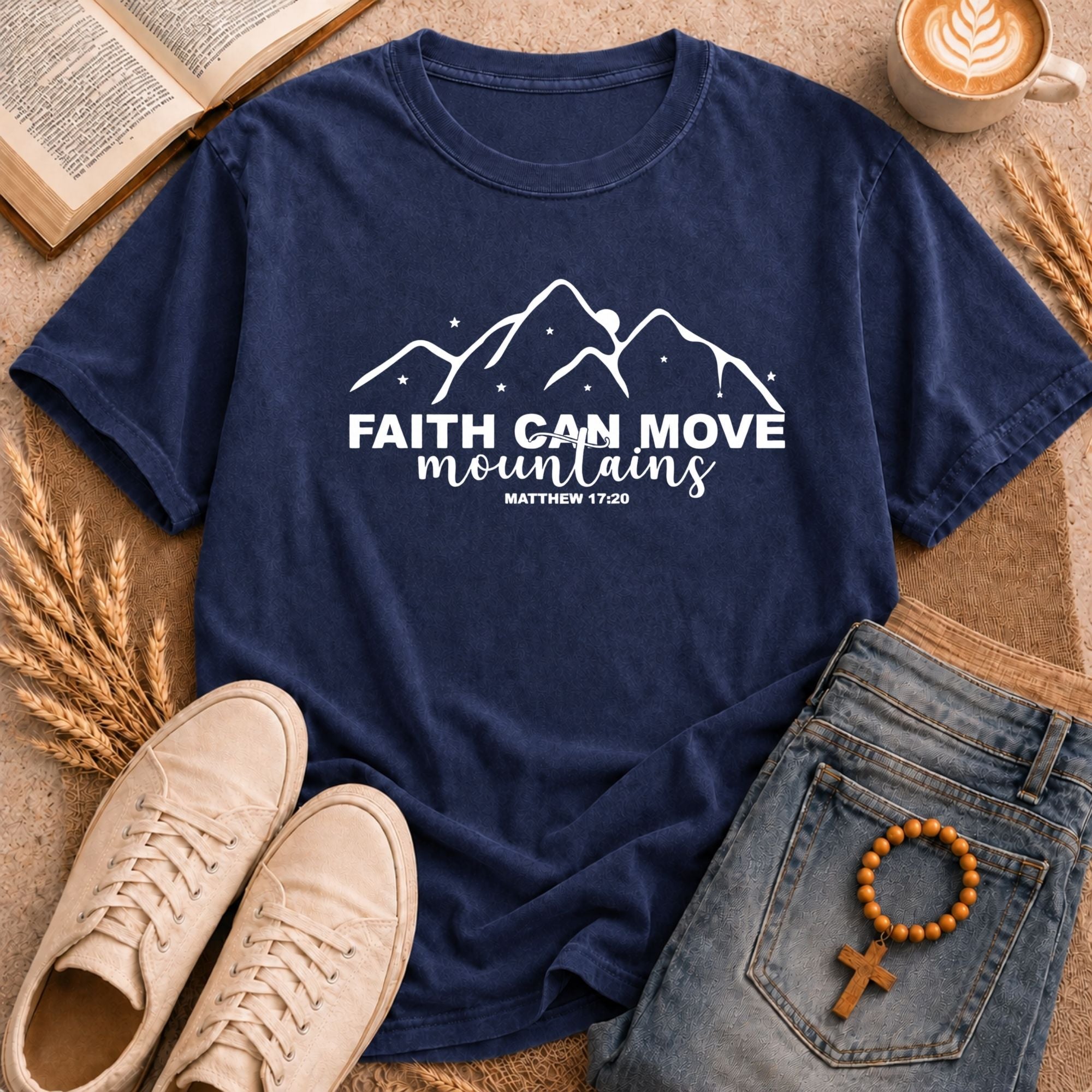 BChristian graphic t-shirt with mountain design and Matthew 17:20 Bible verse in white print