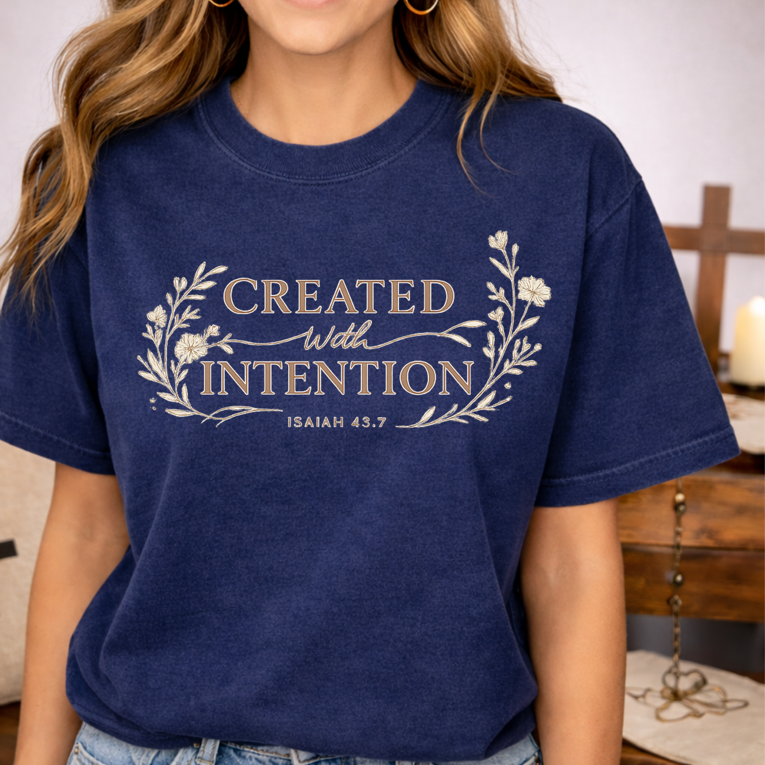 Created With Intention Isaiah 43:7 Christian t-shirt elegant floral wreath gold typography graphic