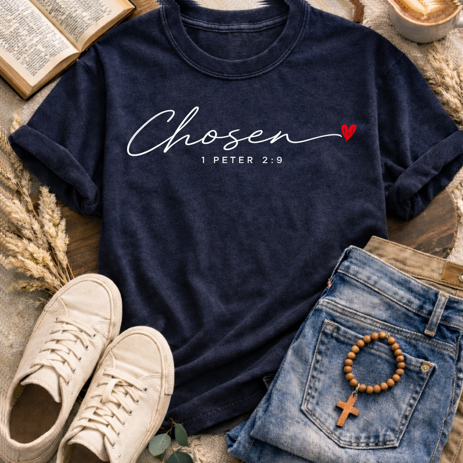 1 Peter 2:9 Bible verse t-shirt Chosen cursive script faith apparel