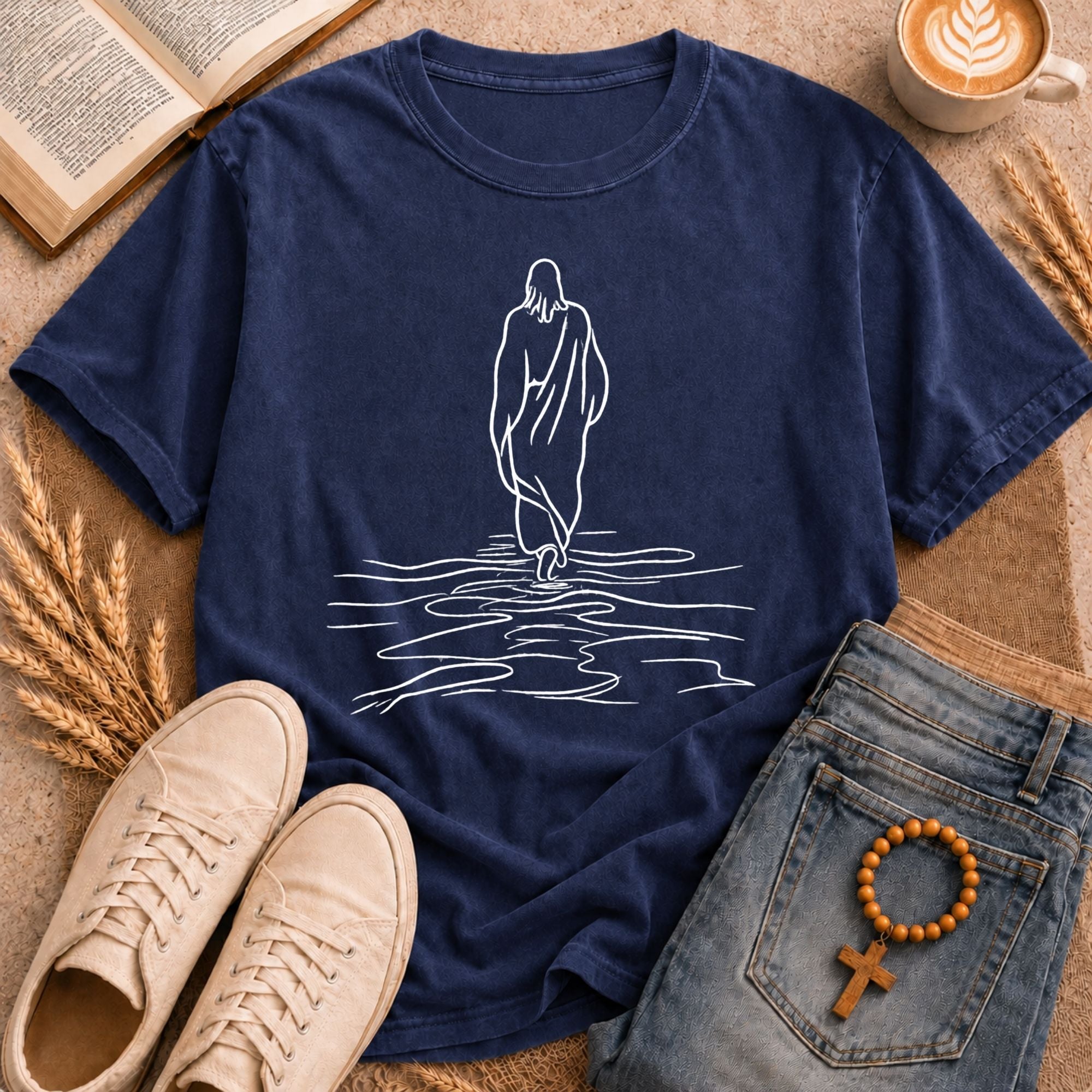 Faith Over Fear Jesus Walking on Water Line Drawing Christian T-Shirt