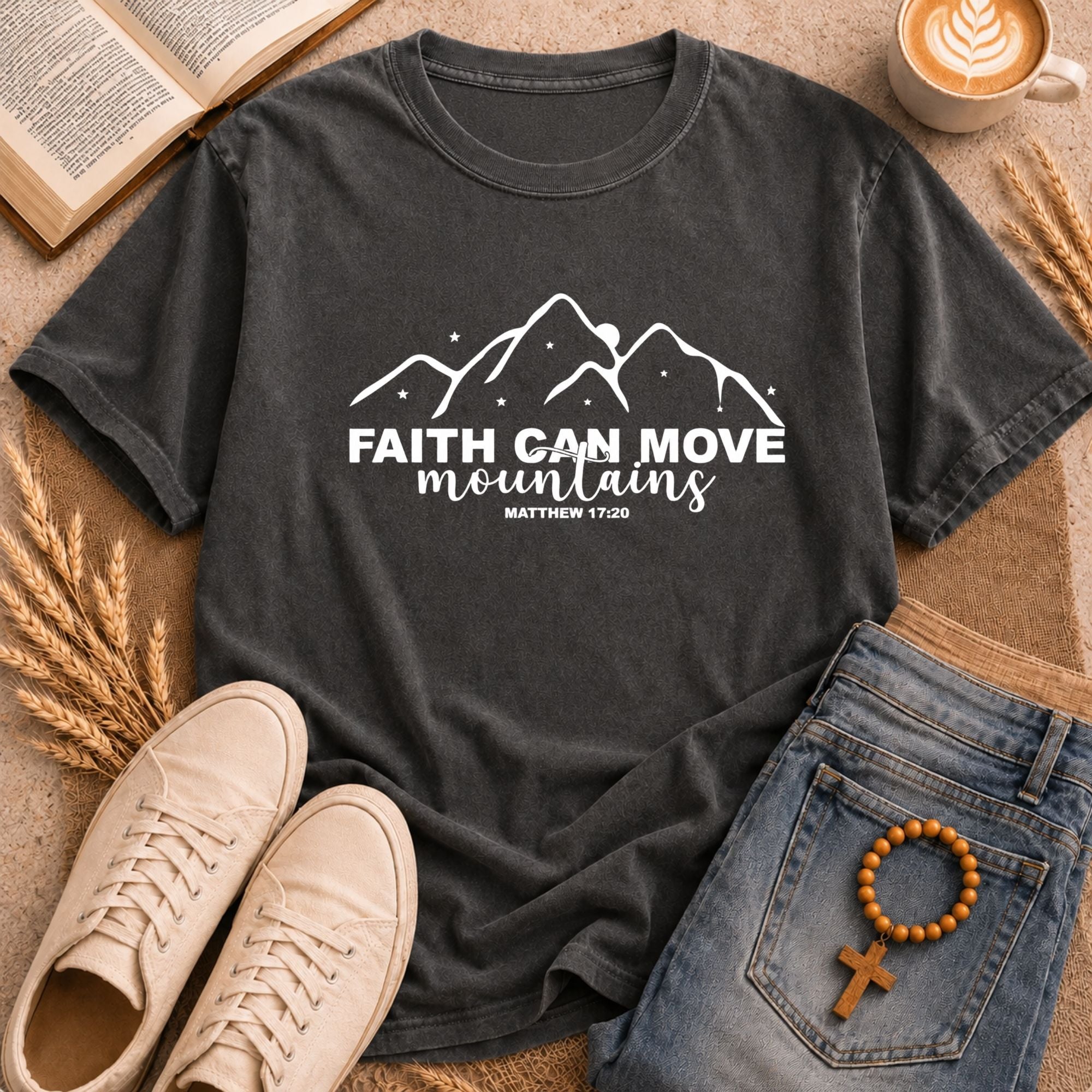 Faith Can Move Mountains scripture t-shirt — perfect Christian gift for men and women, black with white mountain graphic