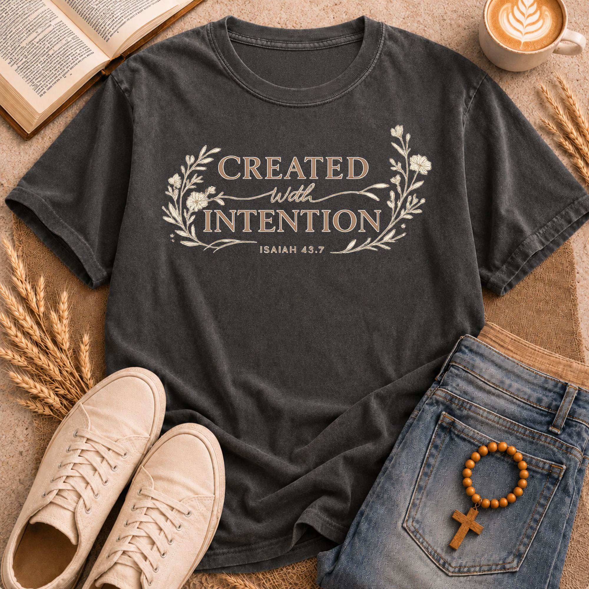 Created With Intention Isaiah 43:7 inspirational Christian tee delicate floral wreath ornate gold lettering print