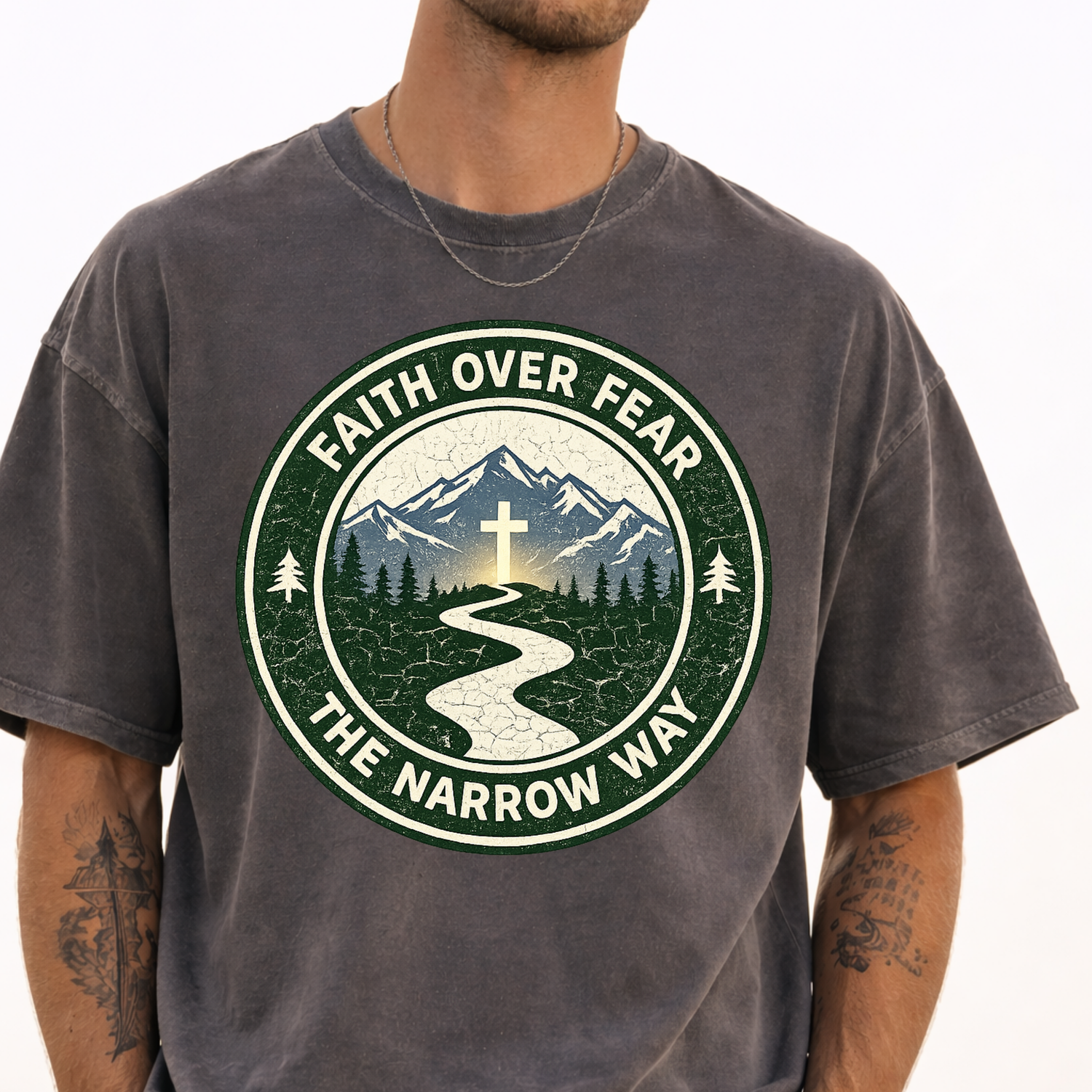 Faith Over Fear The Narrow Way Christian t-shirt with cross mountain path circular vintage graphic