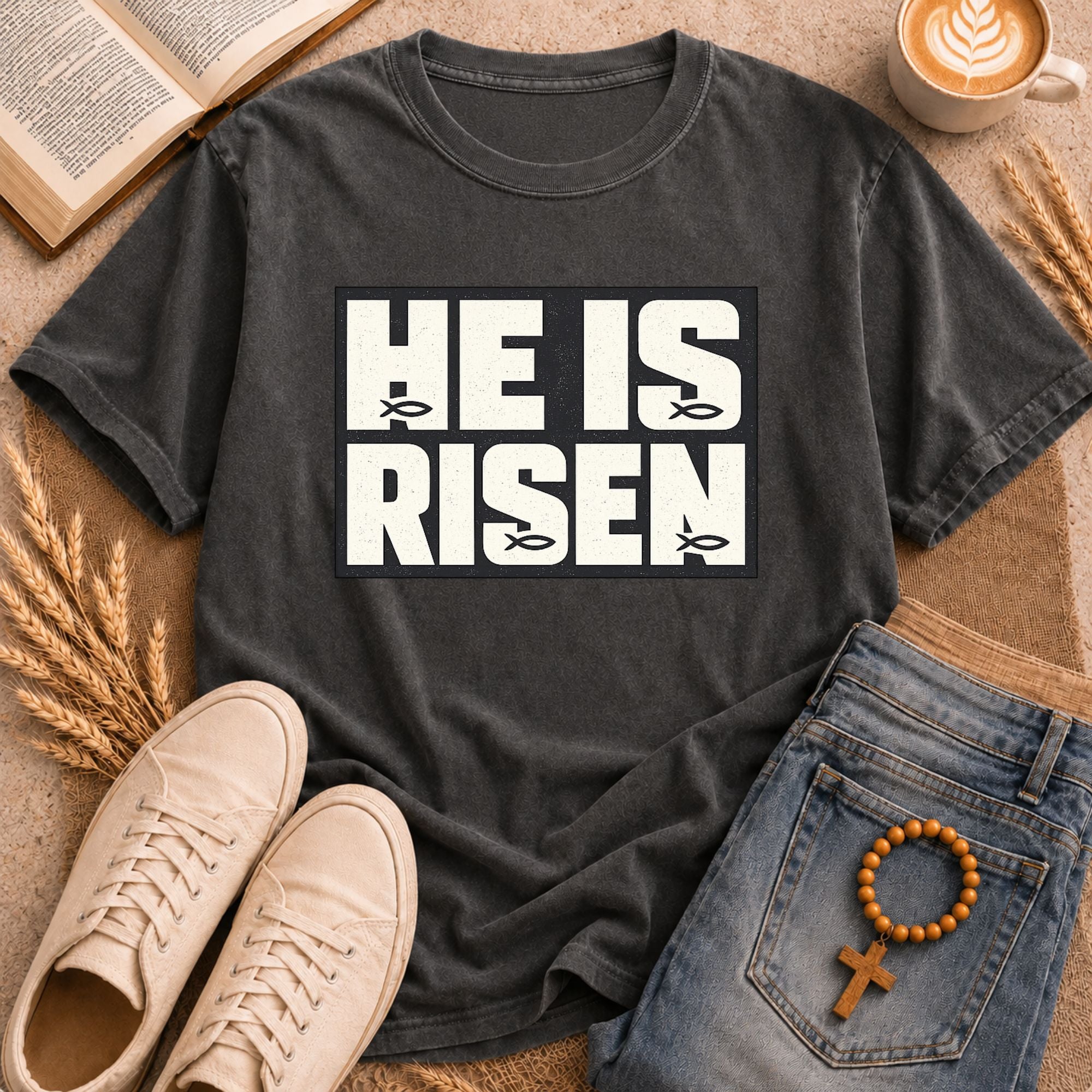 Religious Easter t-shirt He Is Risen bold block typography with butterfly accent print
