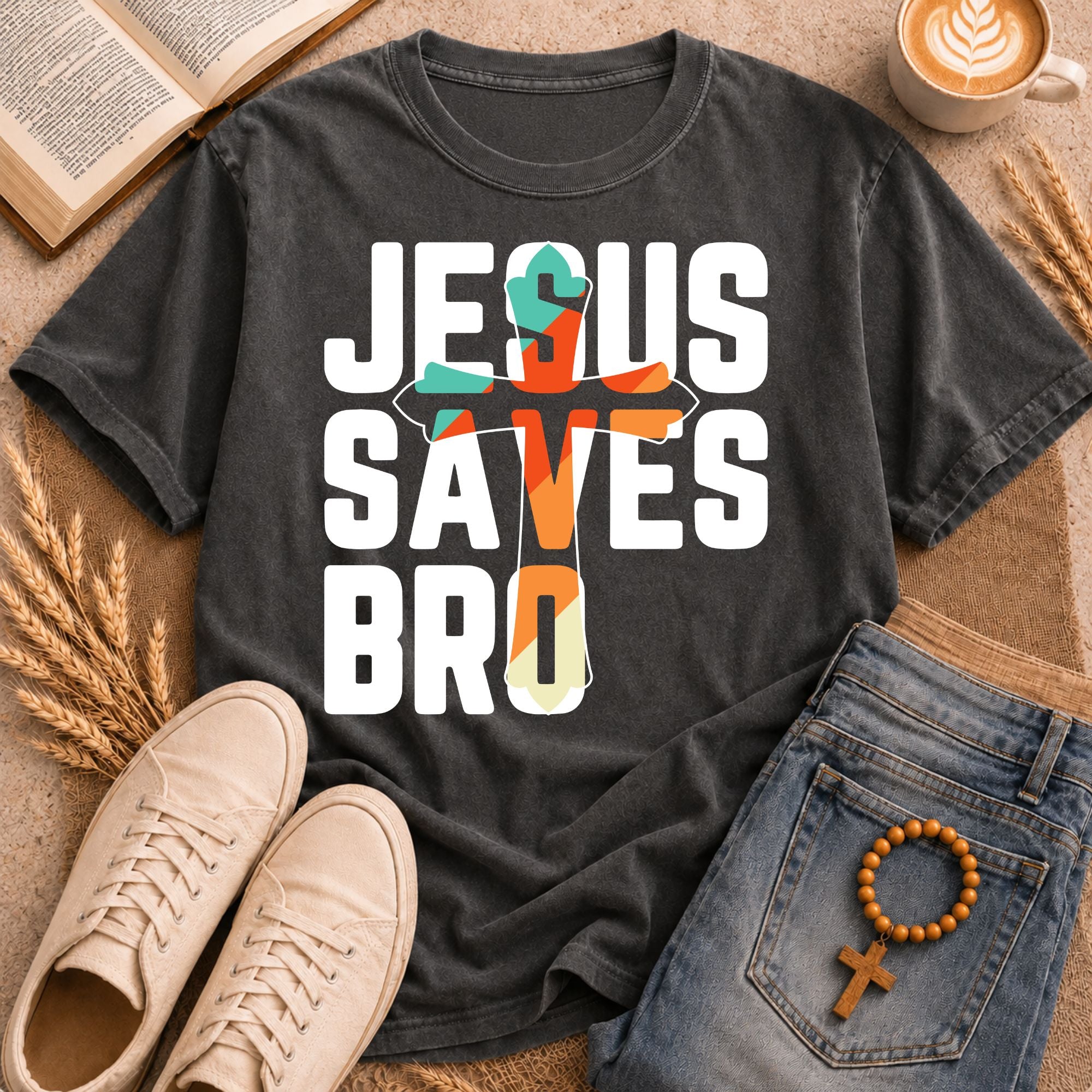 "Jesus Saves Bro" bold stacked text cross graphic t-shirt – funny trendy Christian streetwear faith tee