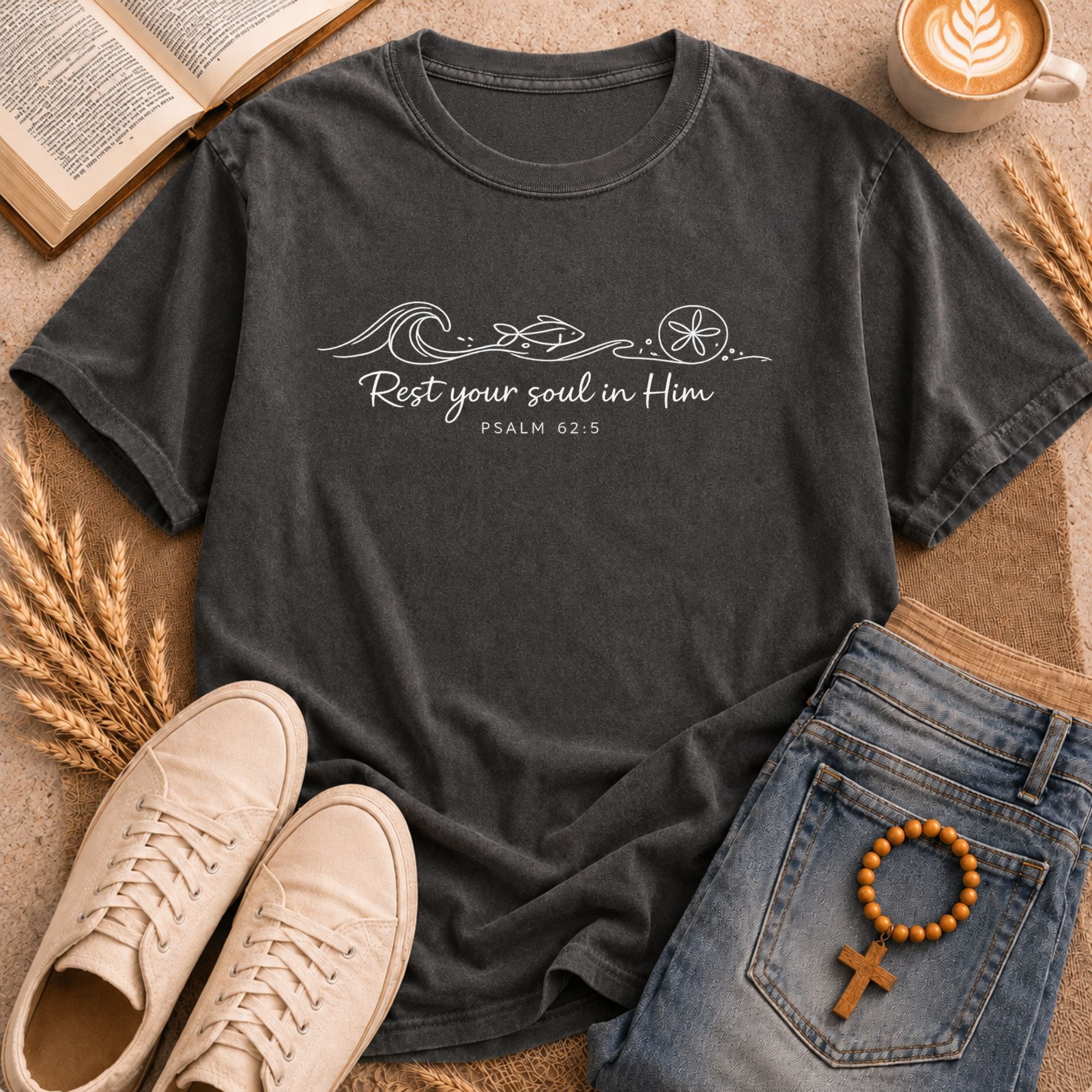 Faith beach t-shirt Rest Your Soul in Him Psalm 62:5 cursive scripture ocean wave sand dollar fish design