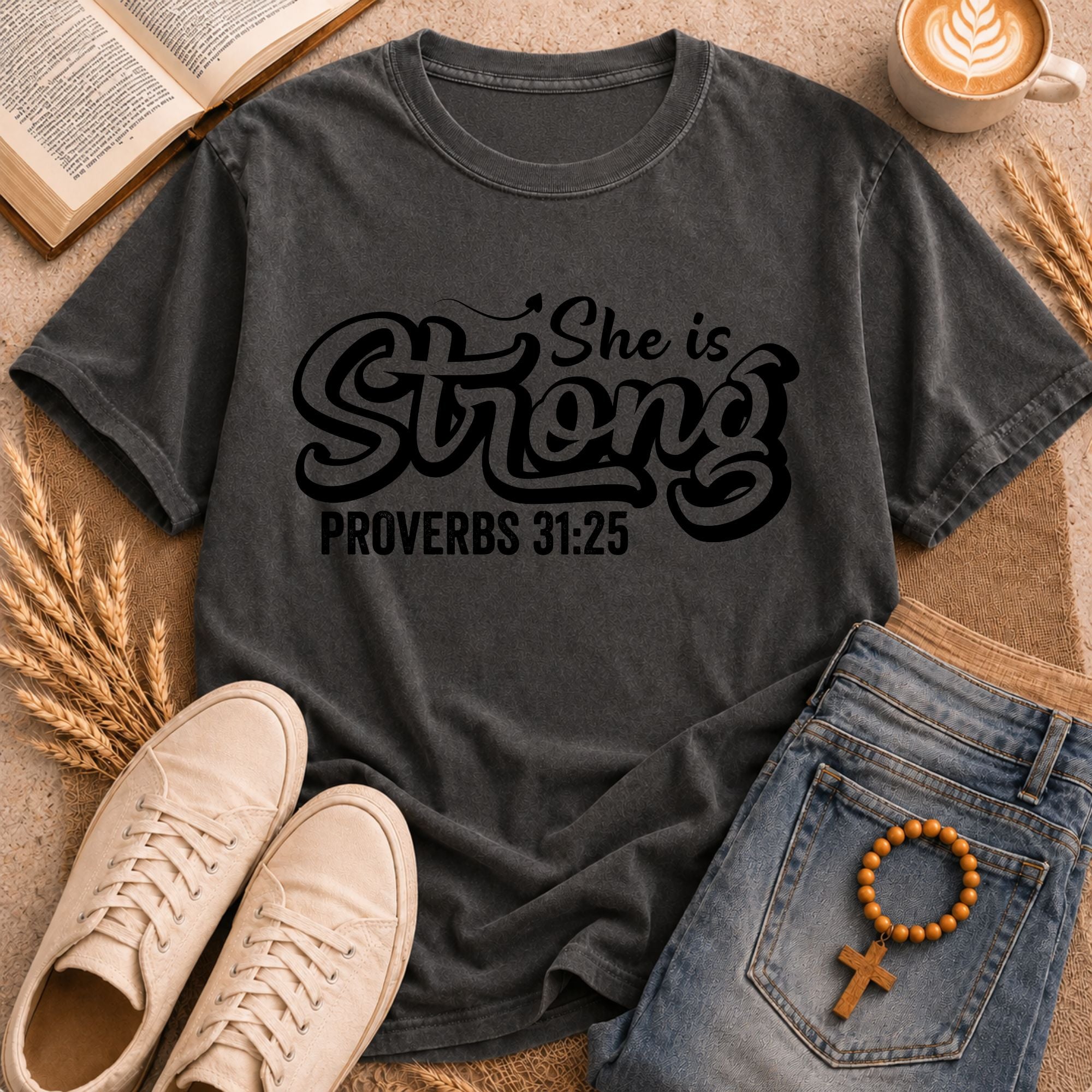 Faith-Based Women's Shirt She Is Strong Proverbs 31:25 Christian Apparel