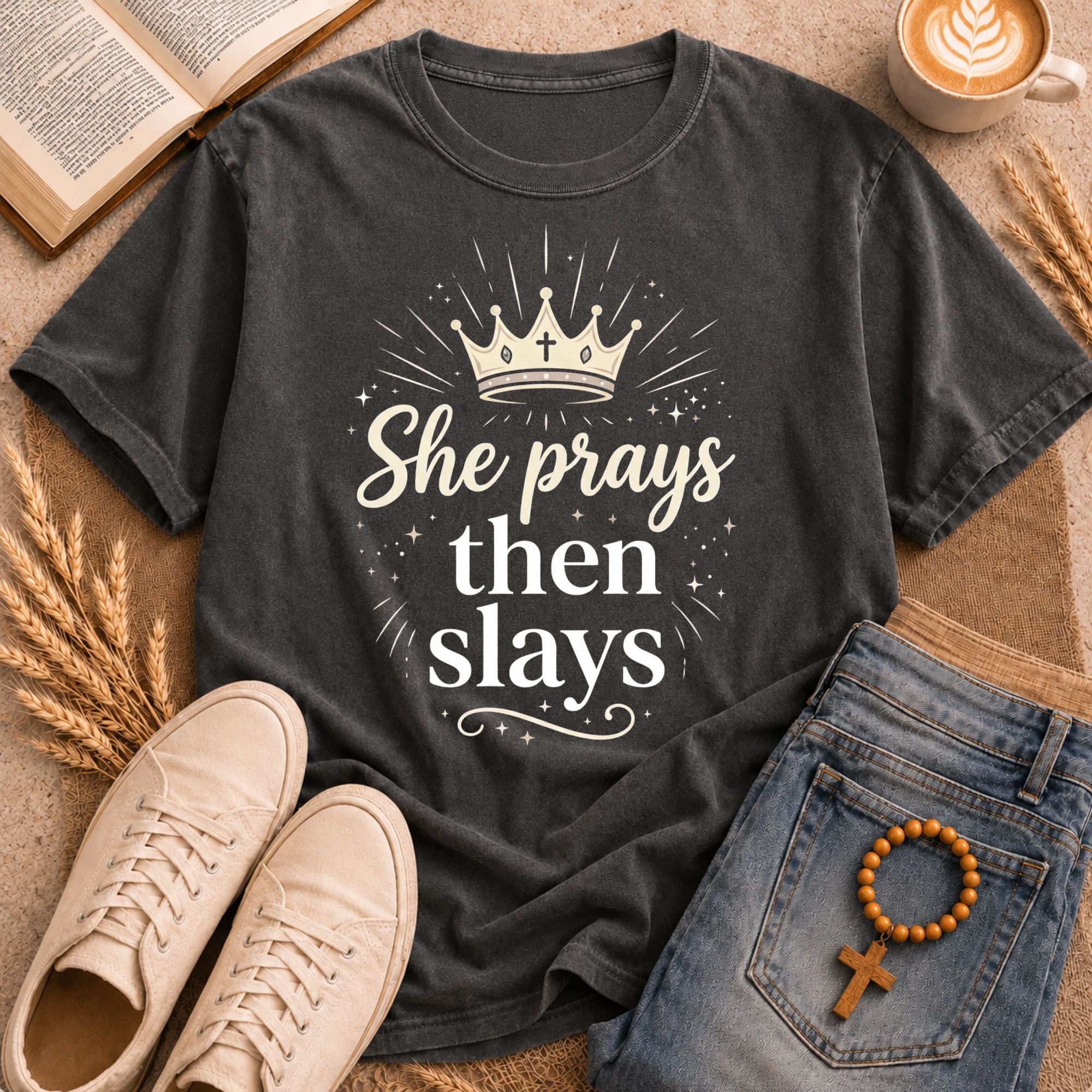 She Prays Then Slays religious t-shirt – Christian gift for women with cross crown graphic