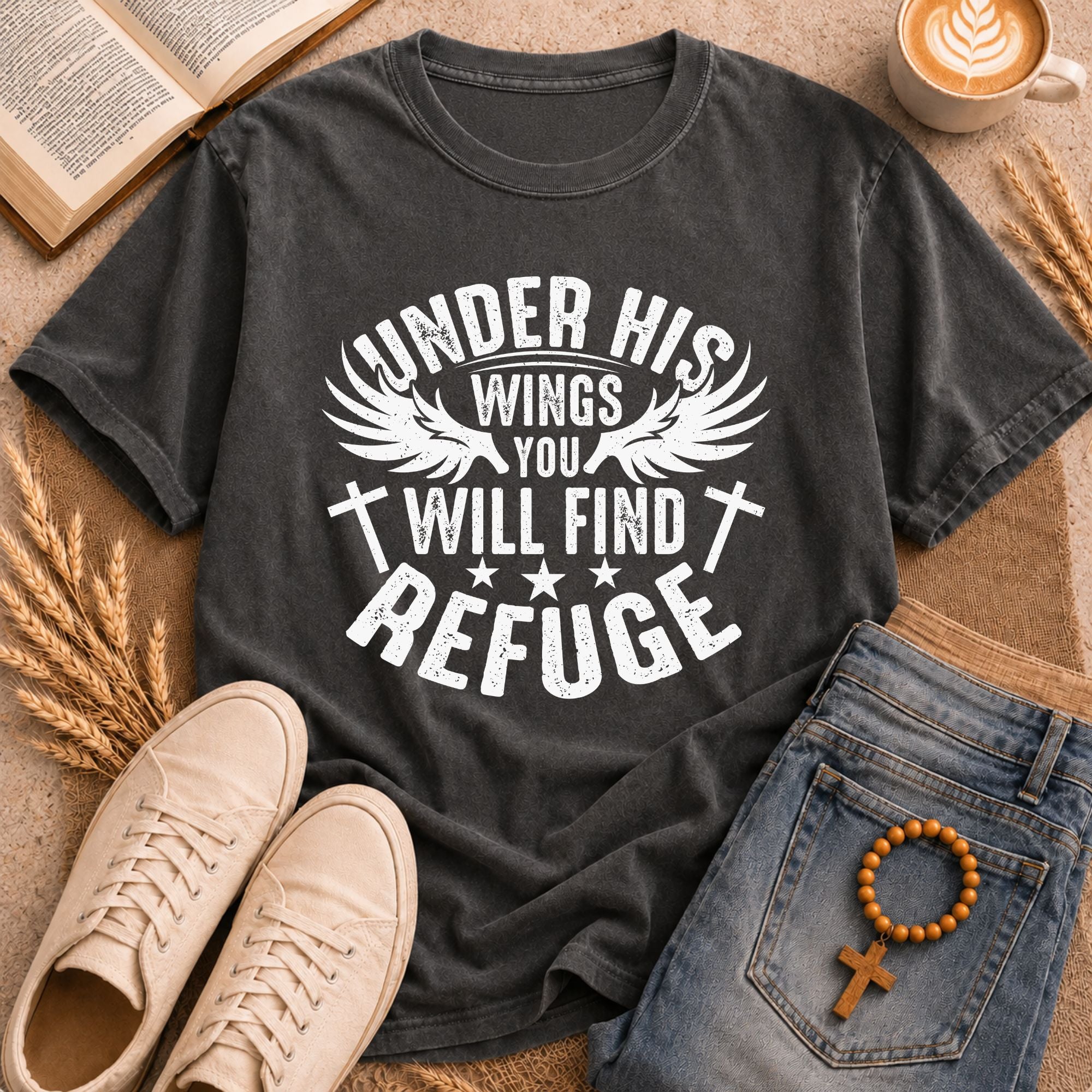 Under His Wings You Will Find Refuge Unisex Christian T-Shirt Angel Wings Cross Design