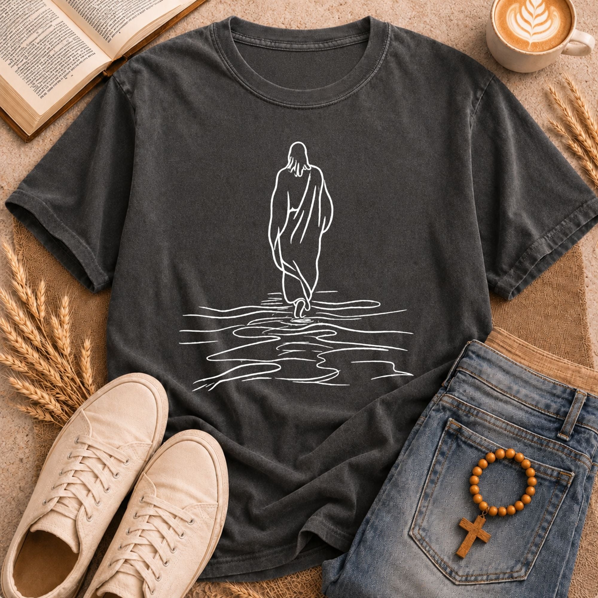 Jesus Walking on Water Minimalist Art Religious Graphic Tee Christian Gift